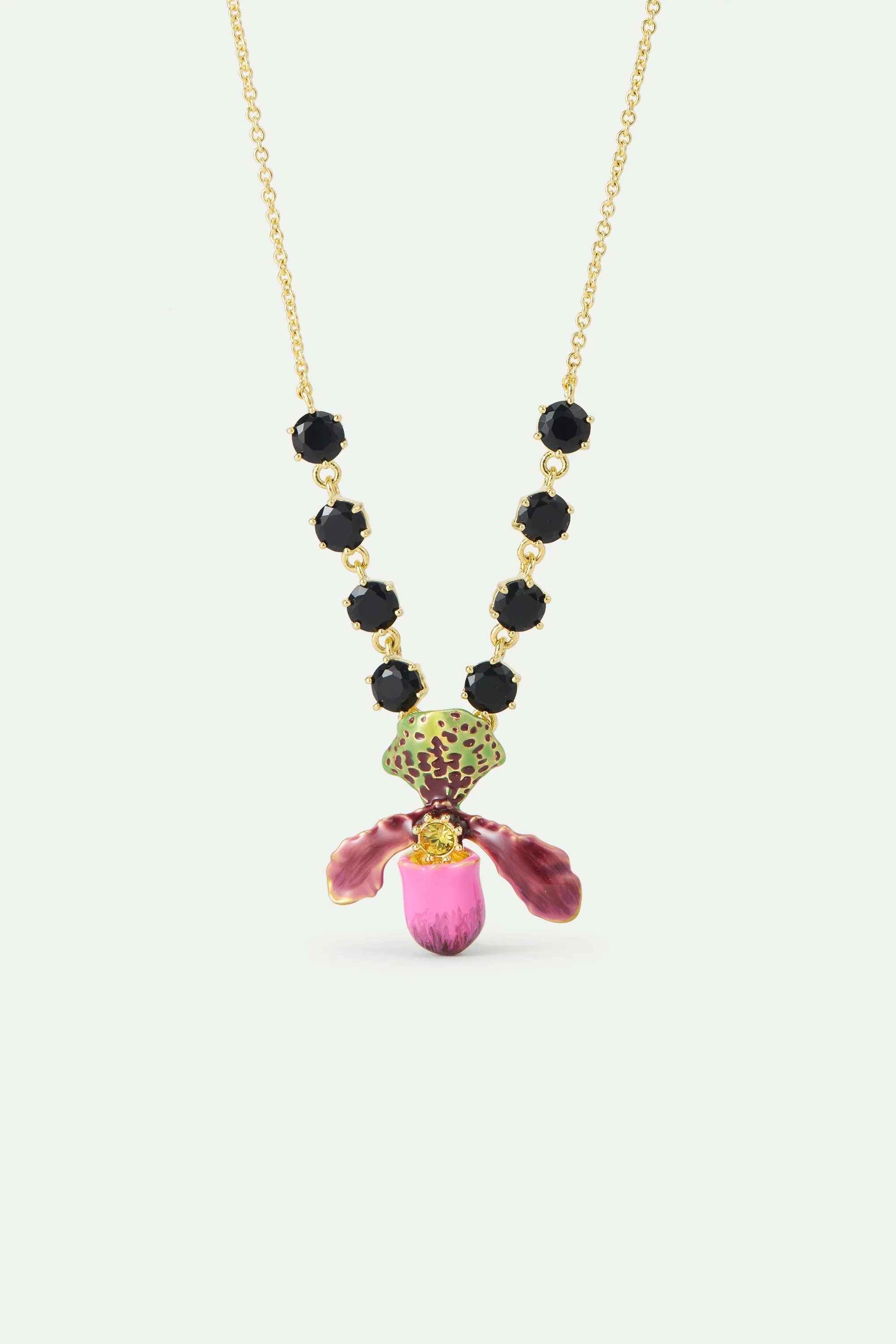 Collier orchidée violette et pierres en verre facetté noir