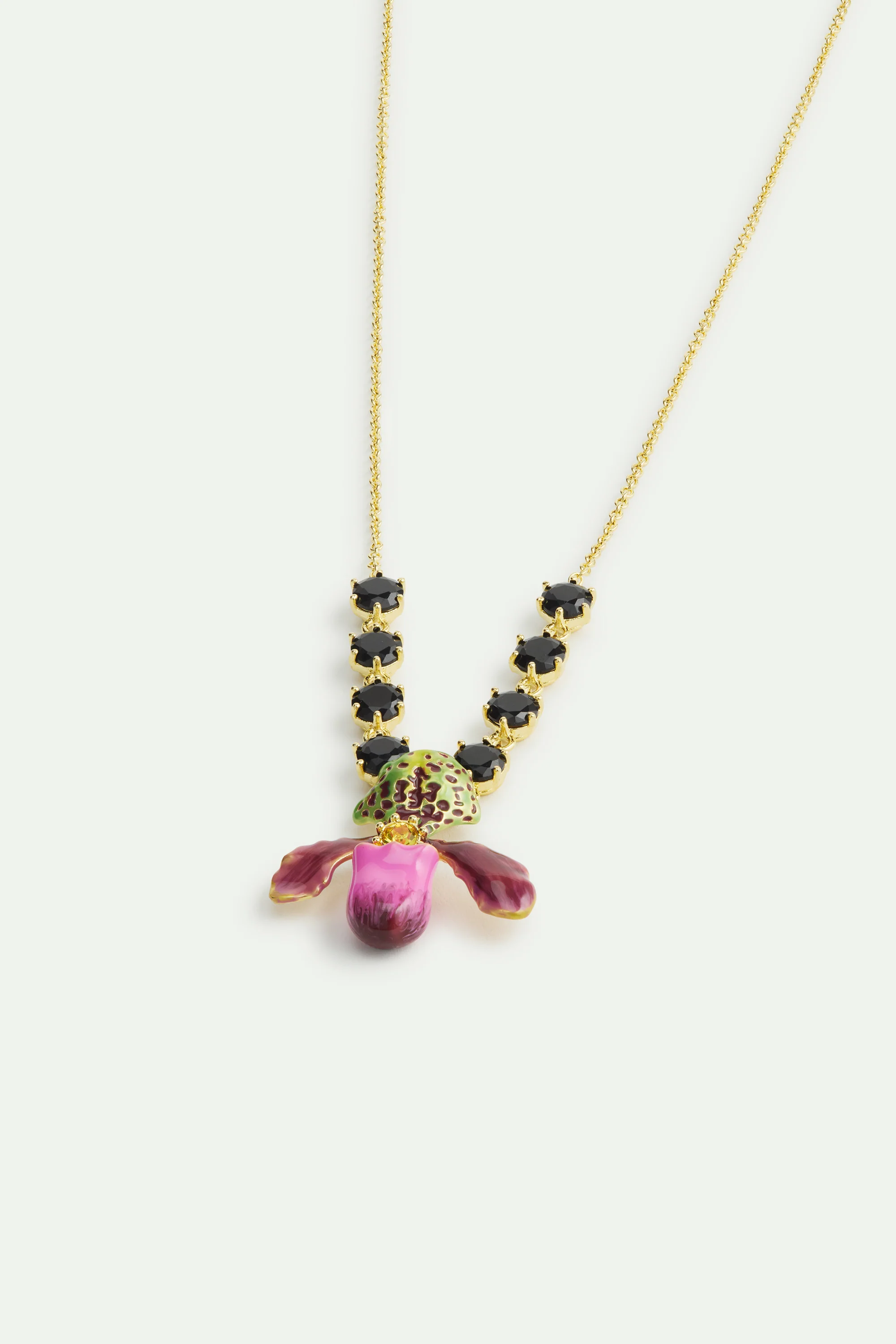 Collier orchidée violette et pierres en verre facetté noir - Image 3