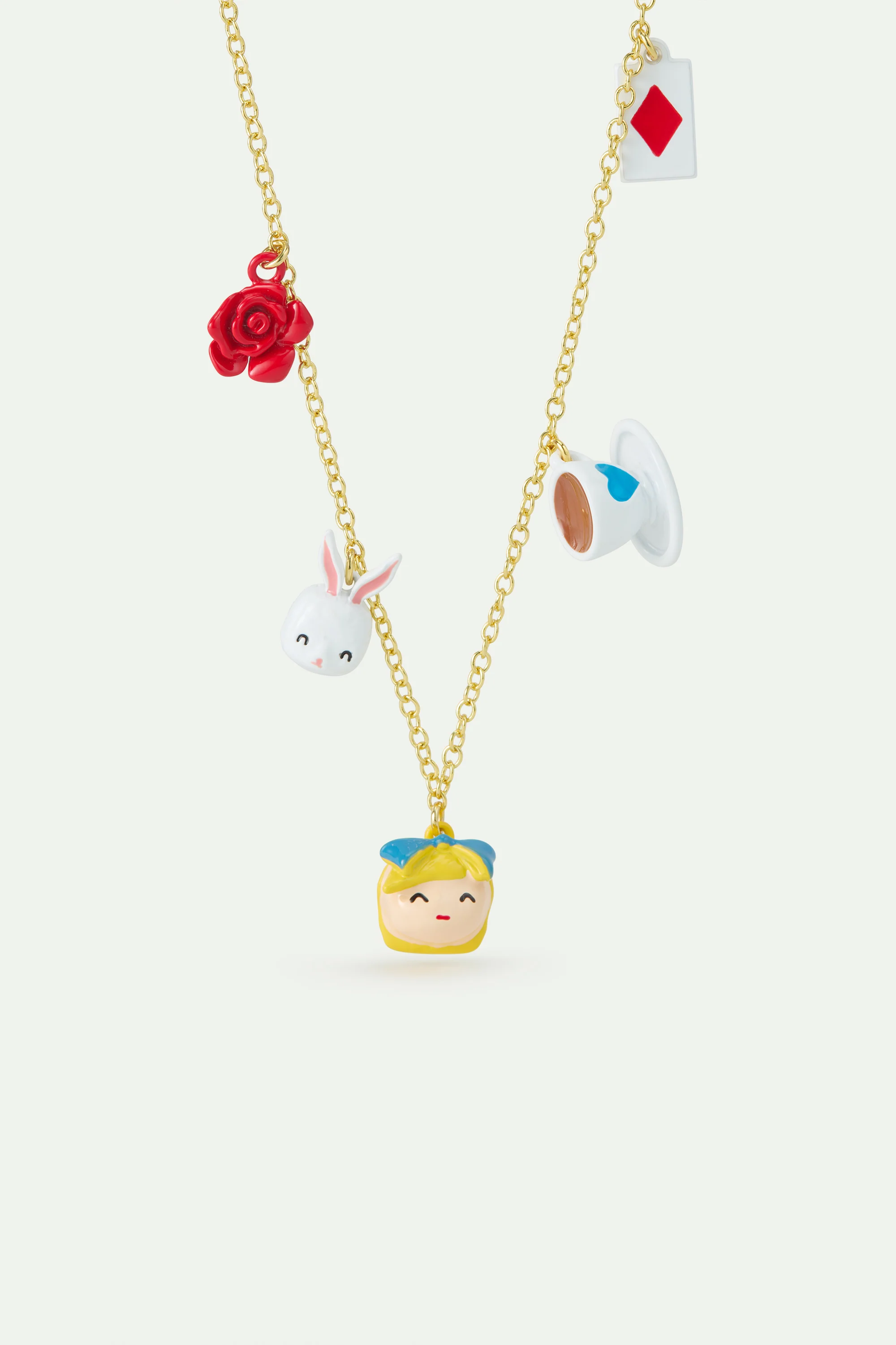 Collier pendentif Alice au pays des Merveilles, lapin, rose, tasse et carte
