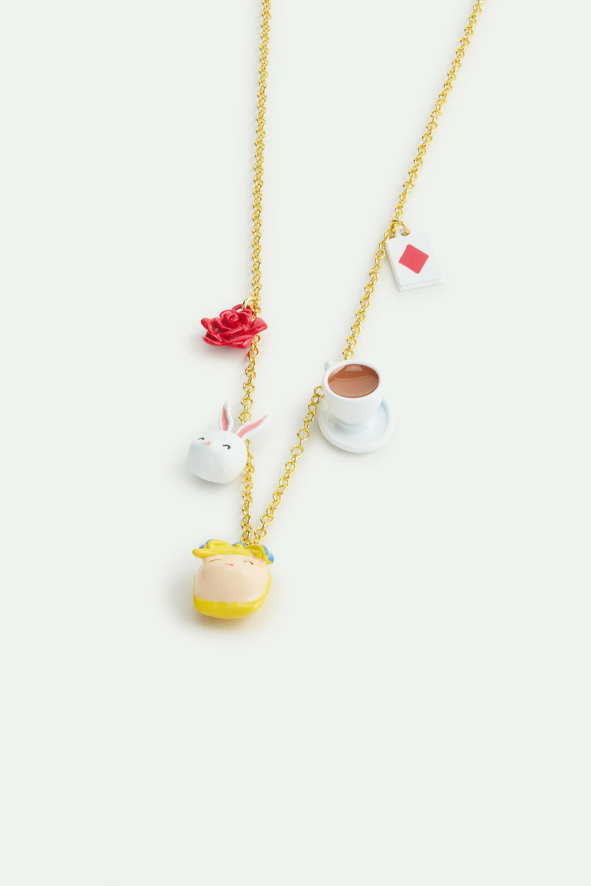 Collier pendentif Alice au pays des Merveilles, lapin, rose, tasse et carte - Image 2