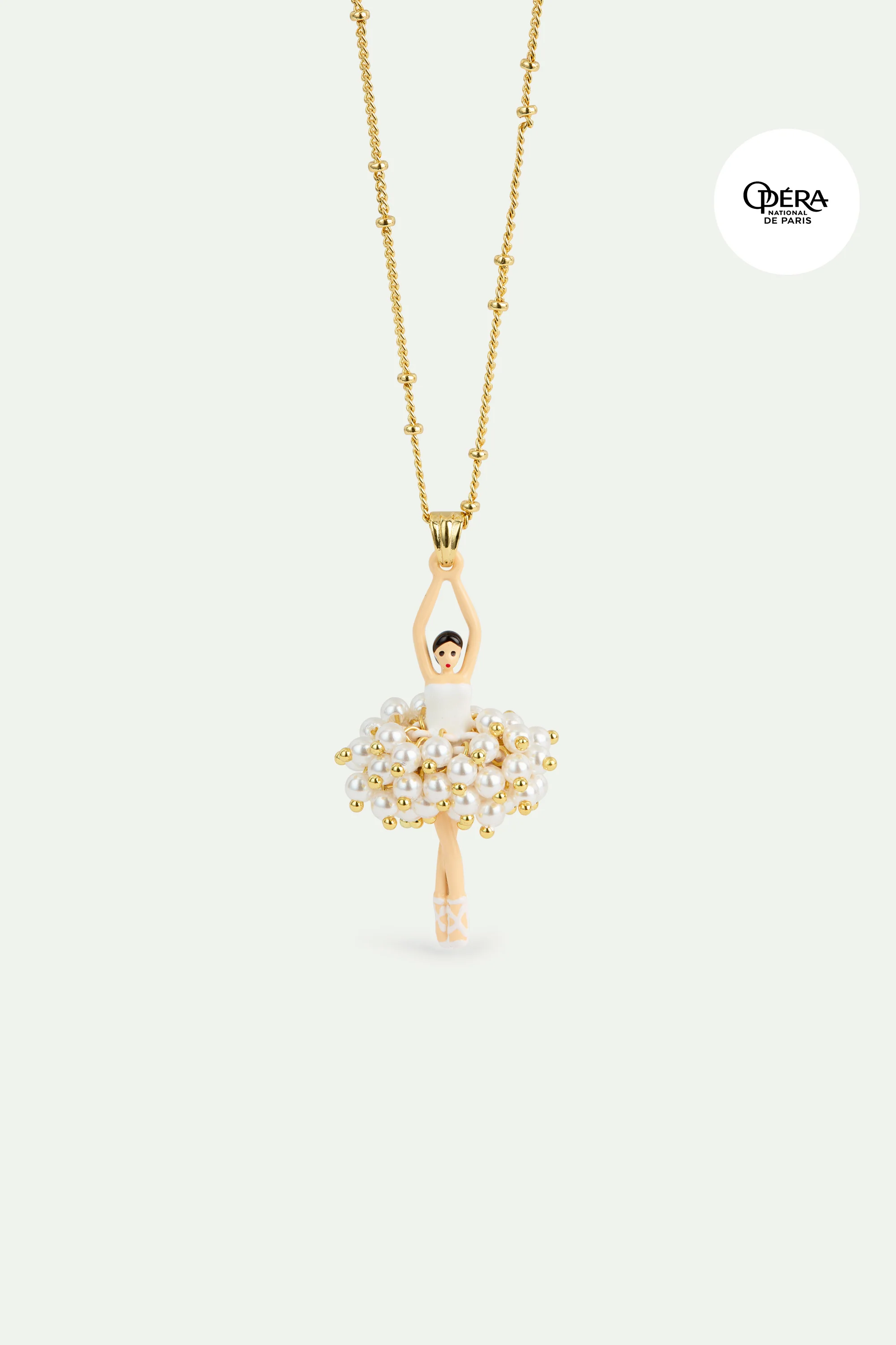 Collier pendentif Ballerine perles blanches et noeud doré