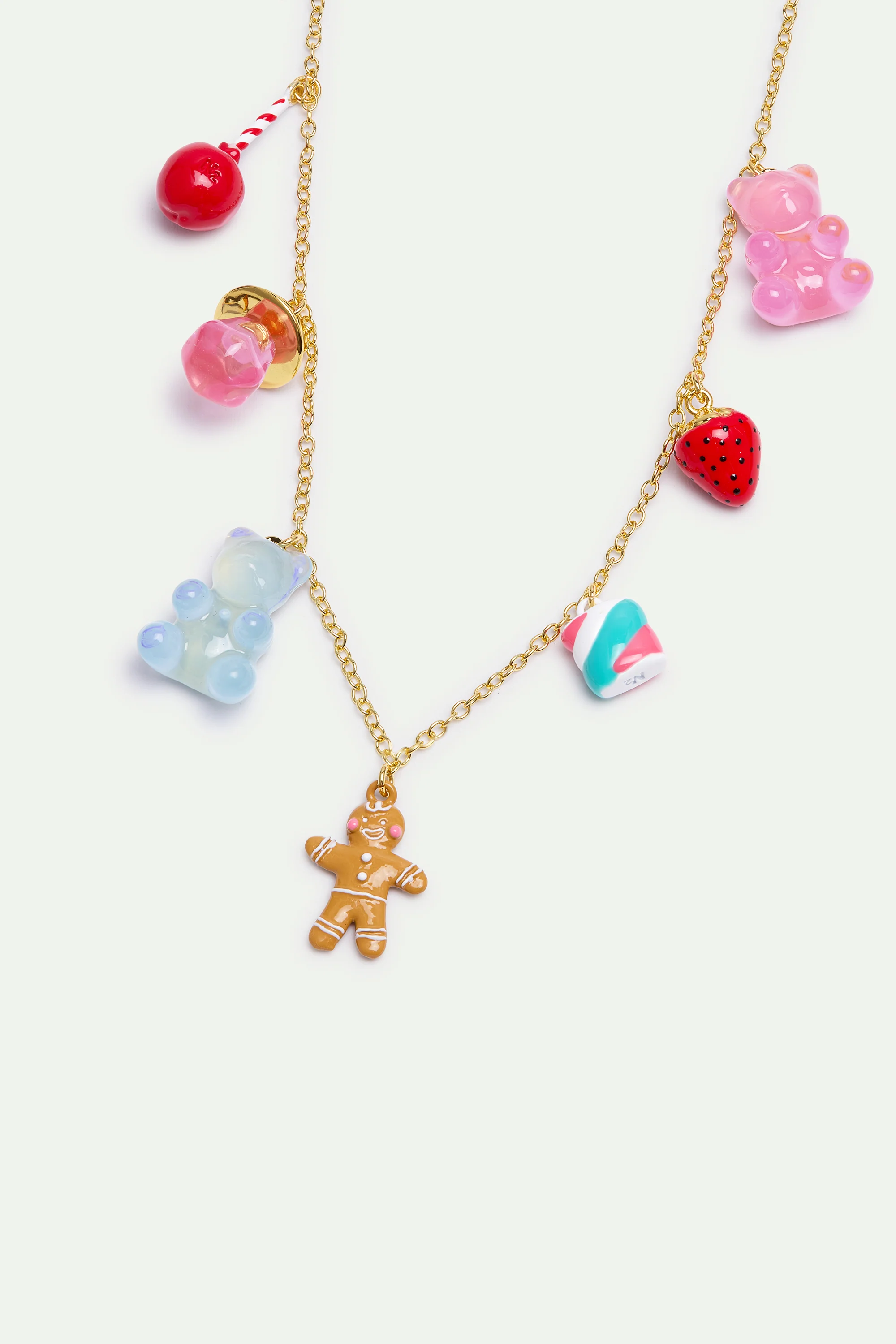 Collier pendentif bohnomme en pain d'épices, oursons en guimauve, sucette et fraise - Image 3