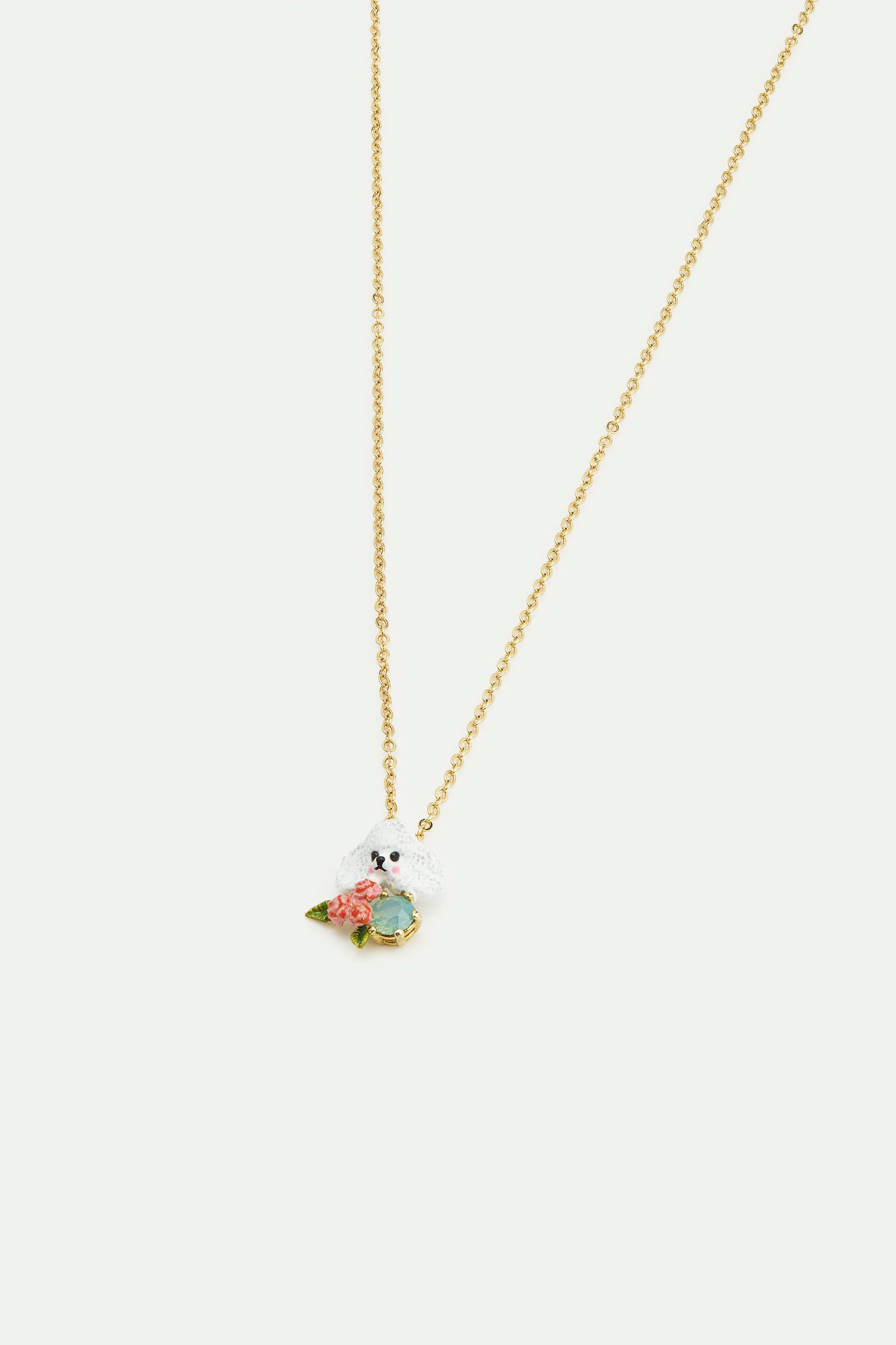 Collier pendentif caniche, fleurs roses et pierre bleue - Image 3