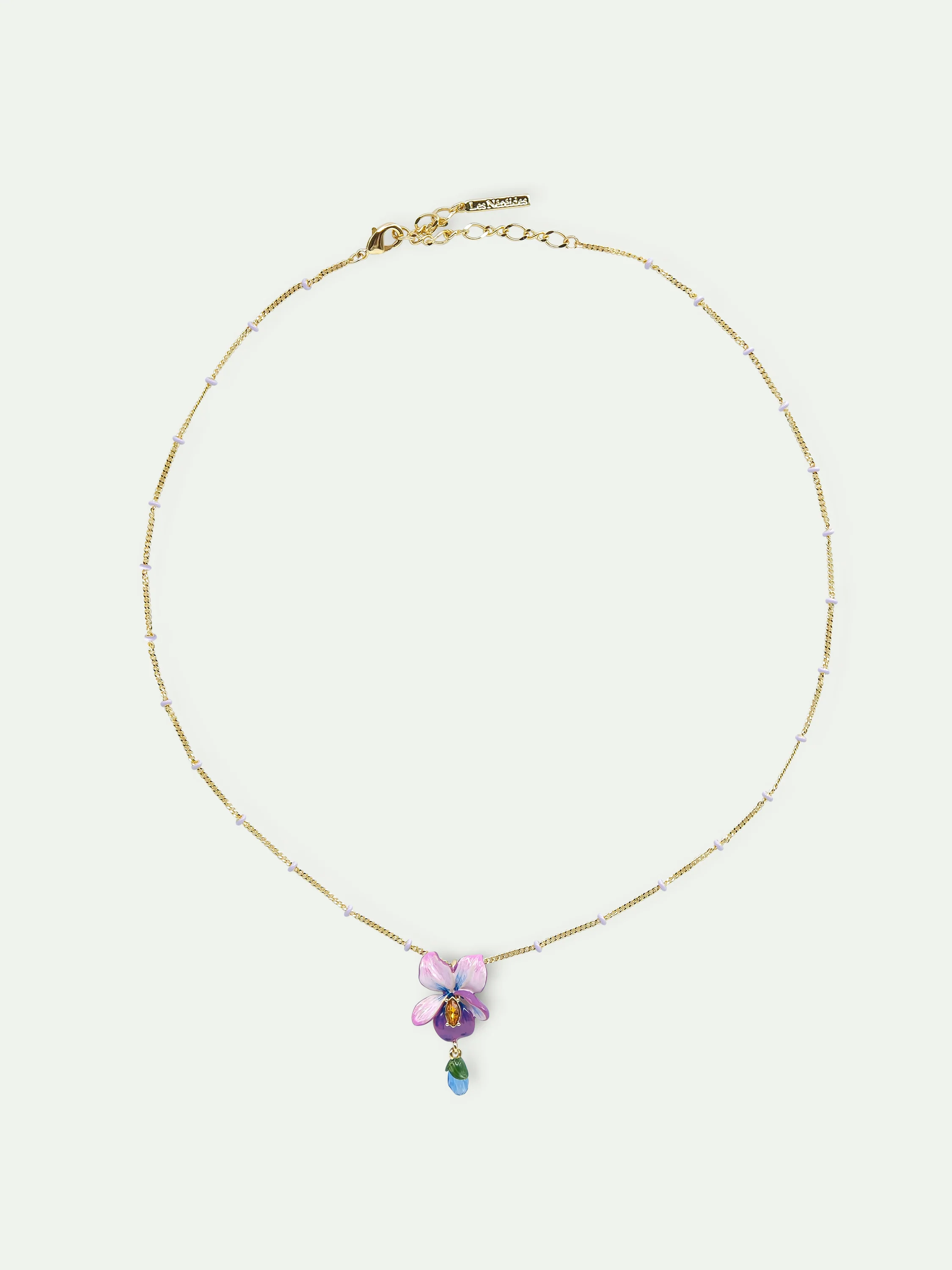 Collier pendentif chaine perlée fleur de violette et pierre bleue pendante - Image 3