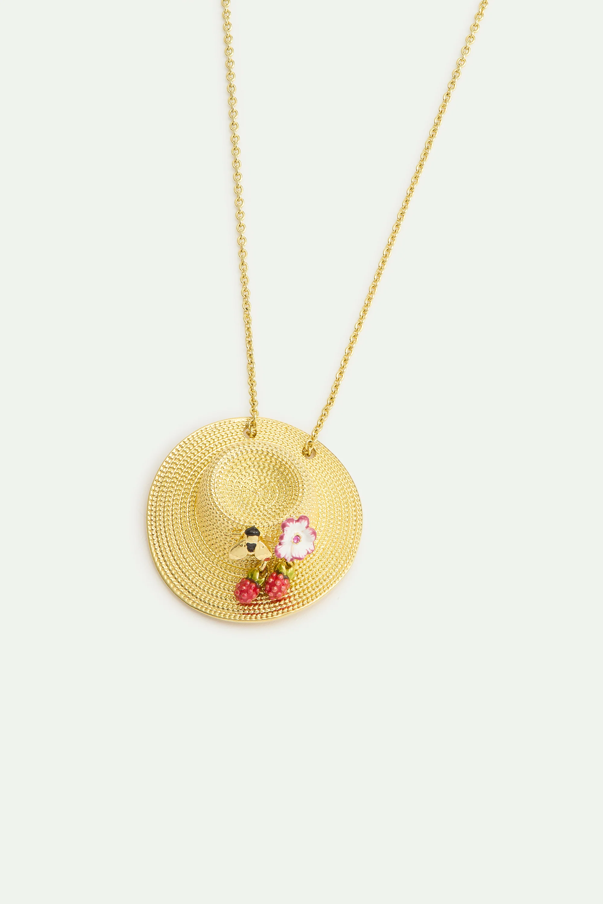 Collier pendentif chapeau doré, cosmos, abeille, framboise et cristal rose - Image 3