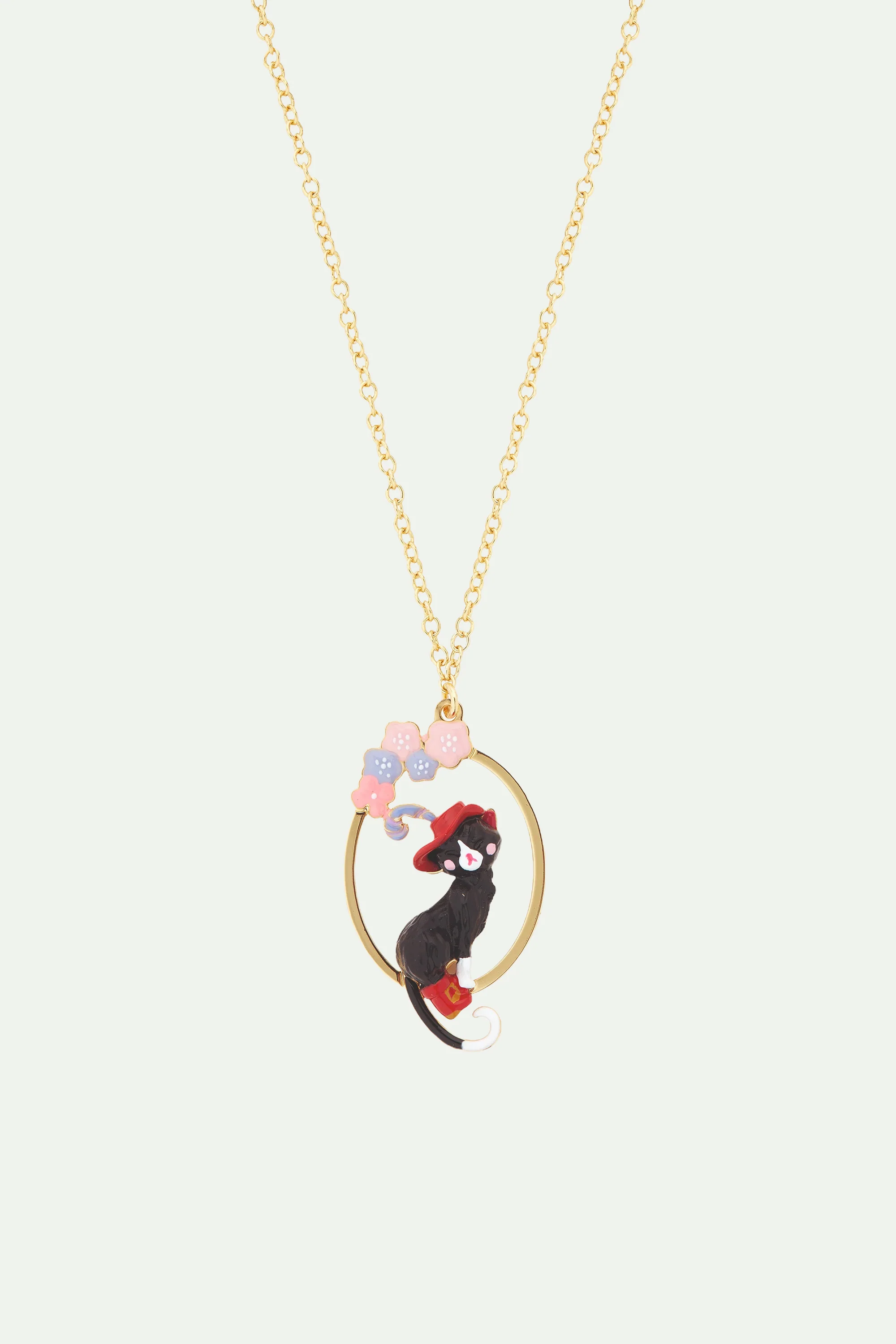 Collier pendentif chat charmant et fleurs