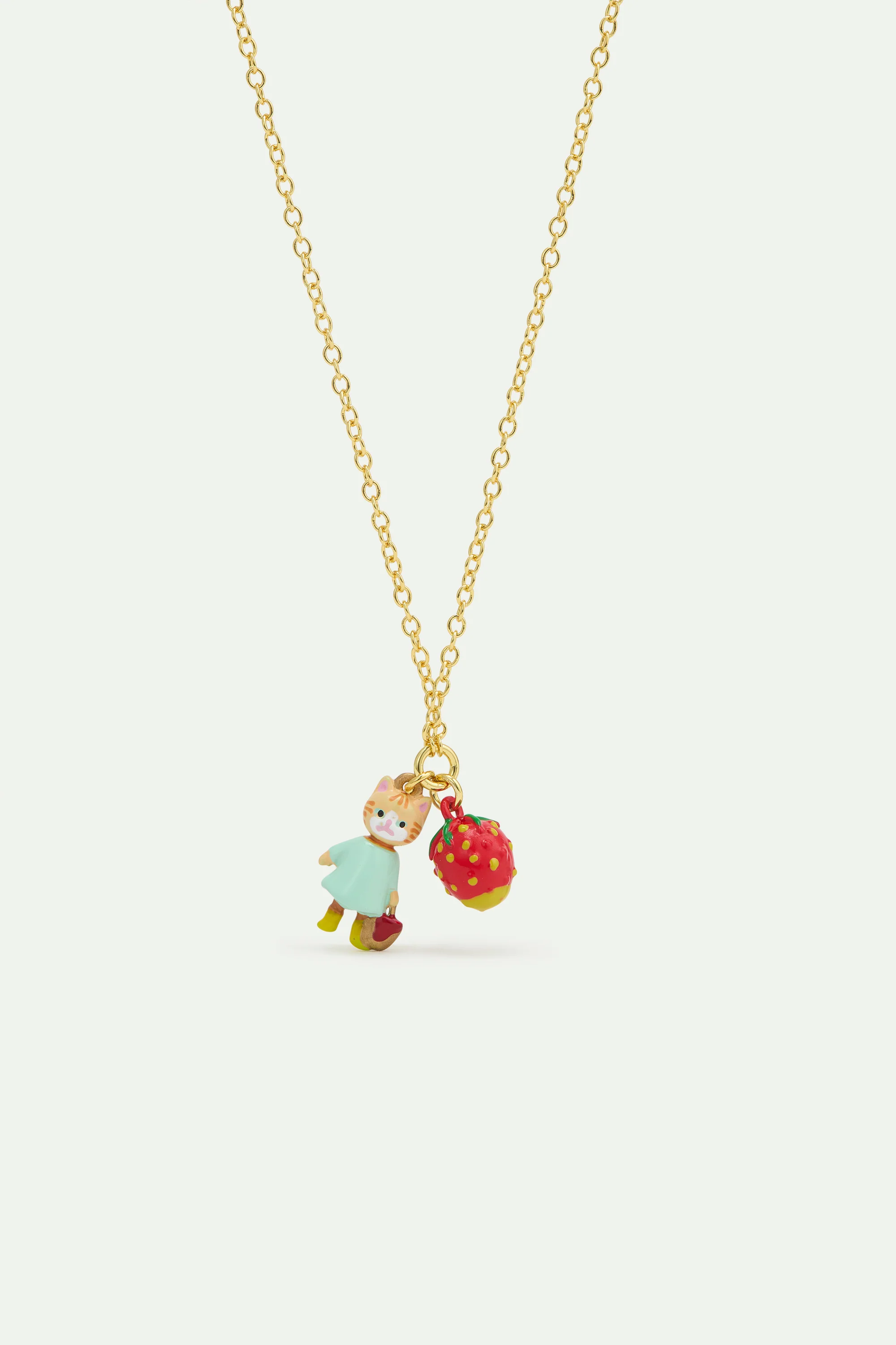 Collier pendentif chat roux et fraise