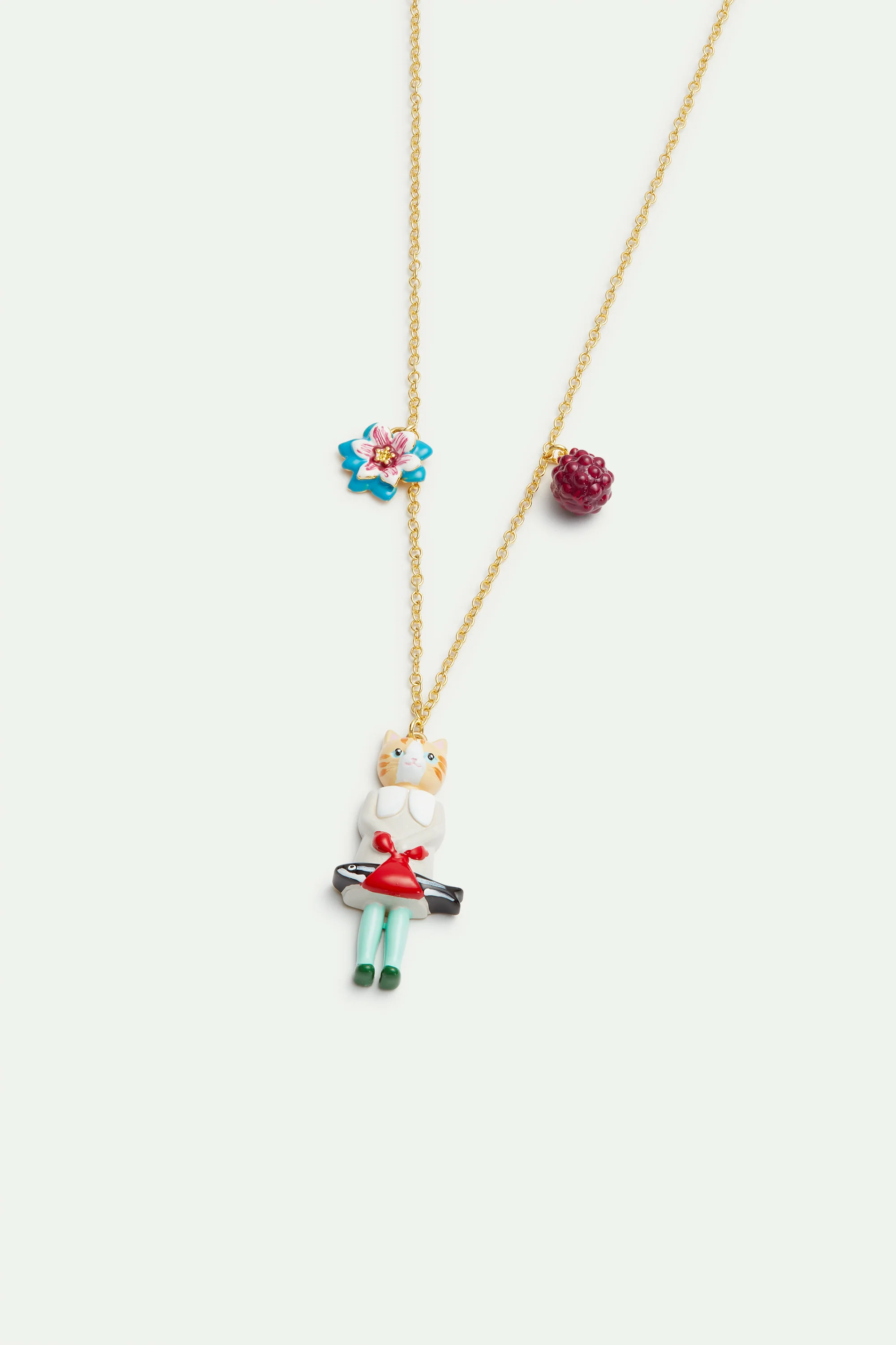 Collier pendentif chat roux et poisson, fleur bleue et framboise - Image 2
