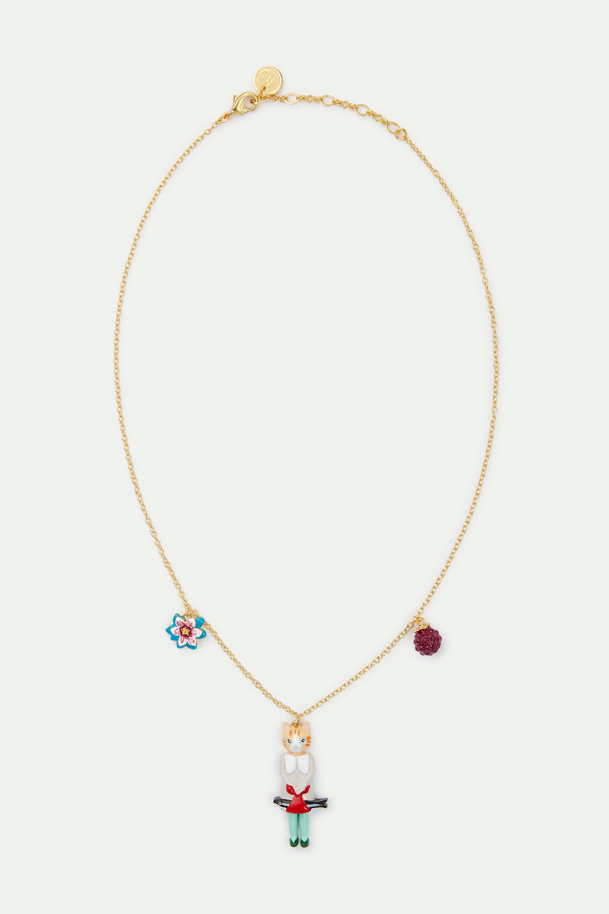 Collier pendentif chat roux et poisson, fleur bleue et framboise - Image 3