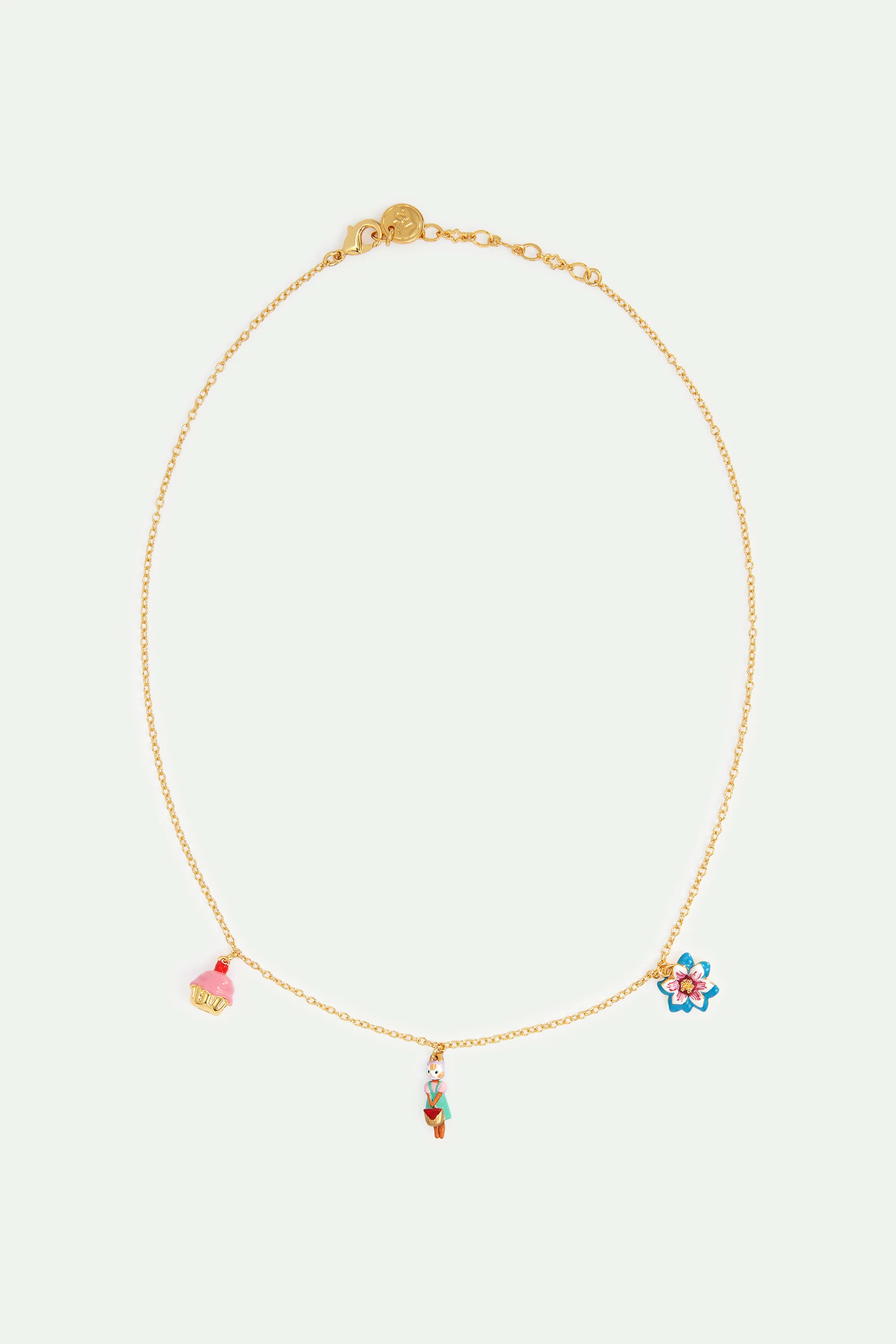 Collier pendentif chat roux, fleur bleue et patisserie - Image 3