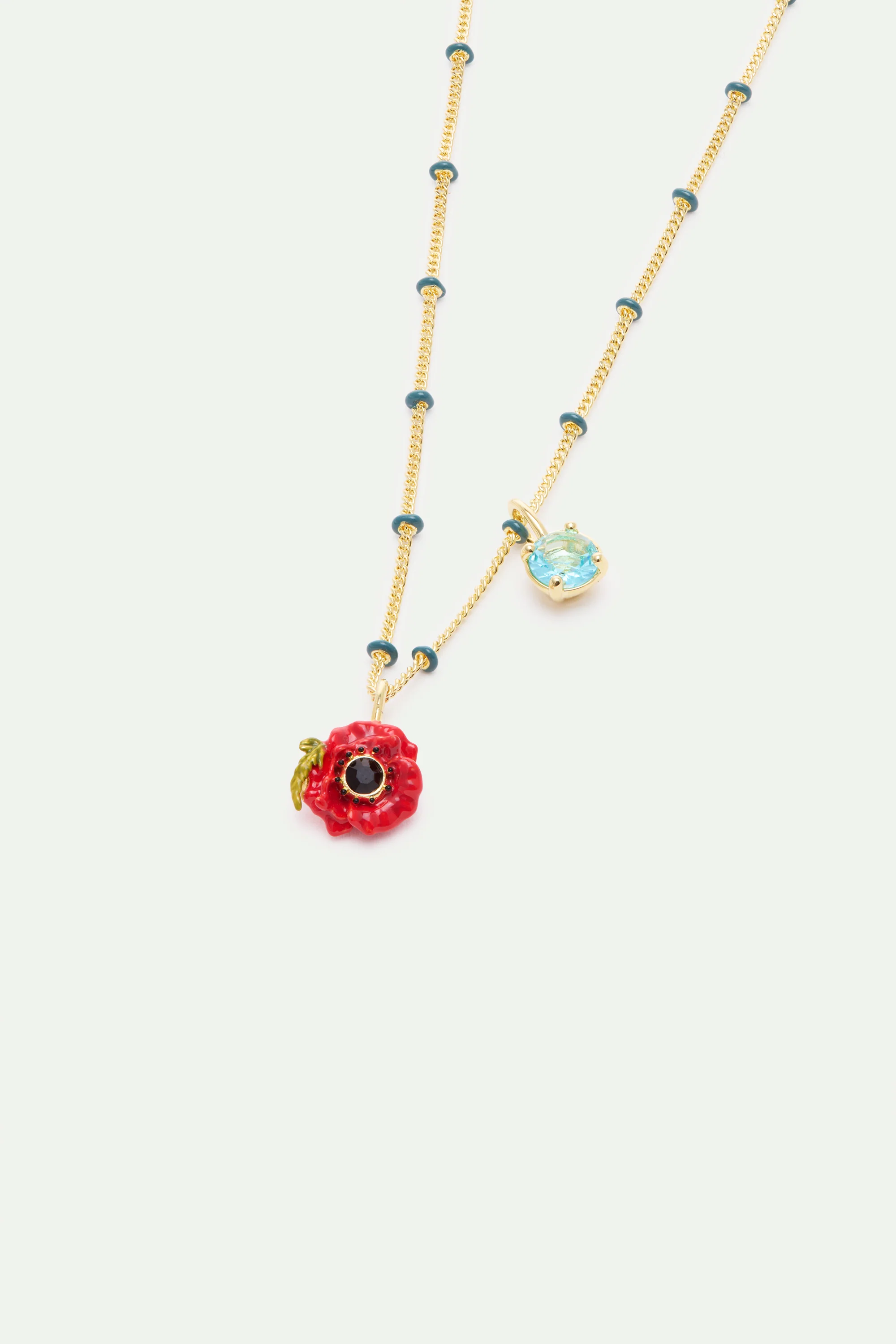 Collier pendentif coquelicot rouge et pierre ronde bleue - Image 2