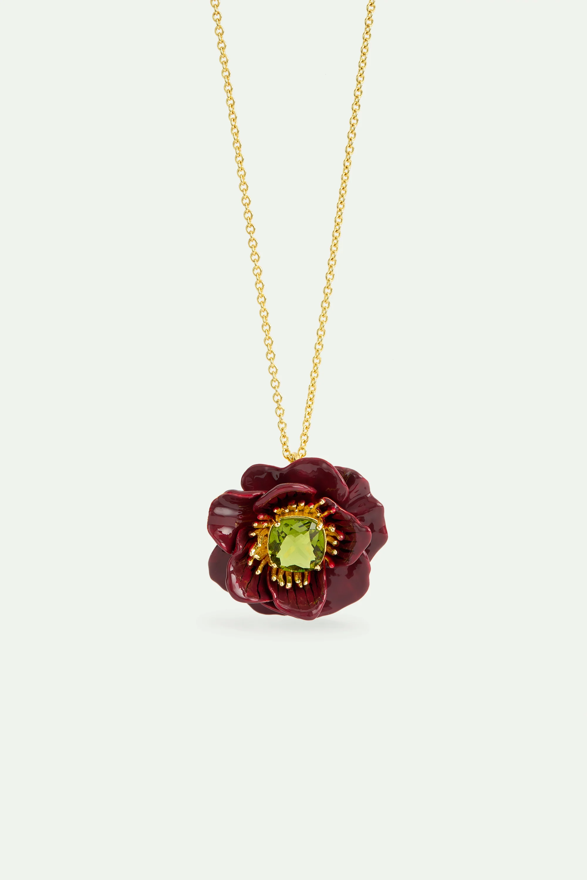 Collier pendentif fleur d'anémone bordeaux et pierre facettée verte