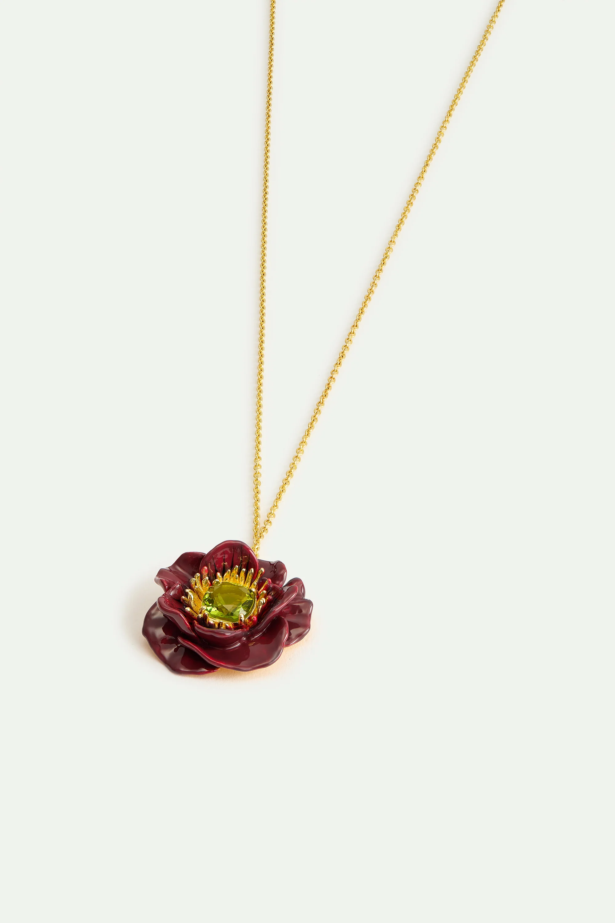 Collier pendentif fleur d'anémone bordeaux et pierre facettée verte - Image 3
