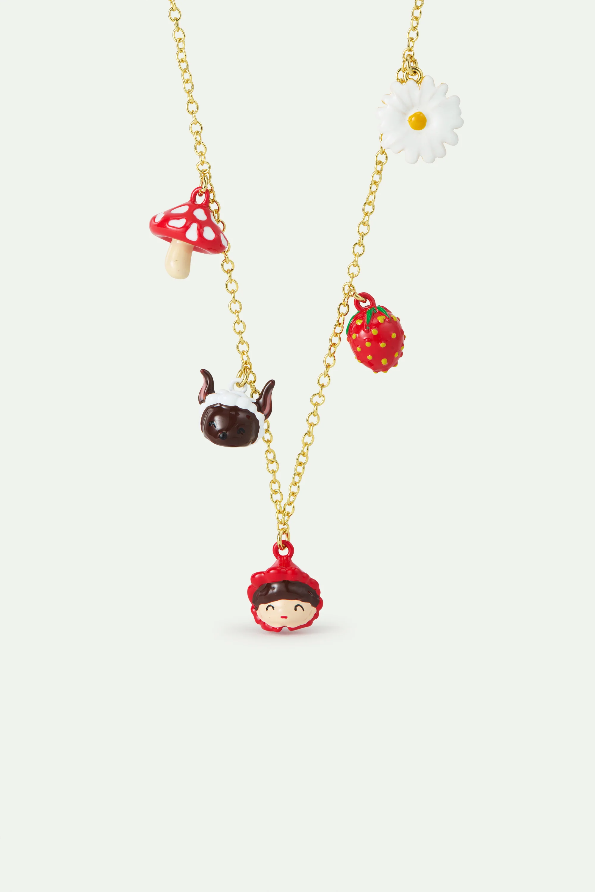 Collier pendentif Le Petit Chaperon rouge, le Loup, champignon, fraise et marguerite