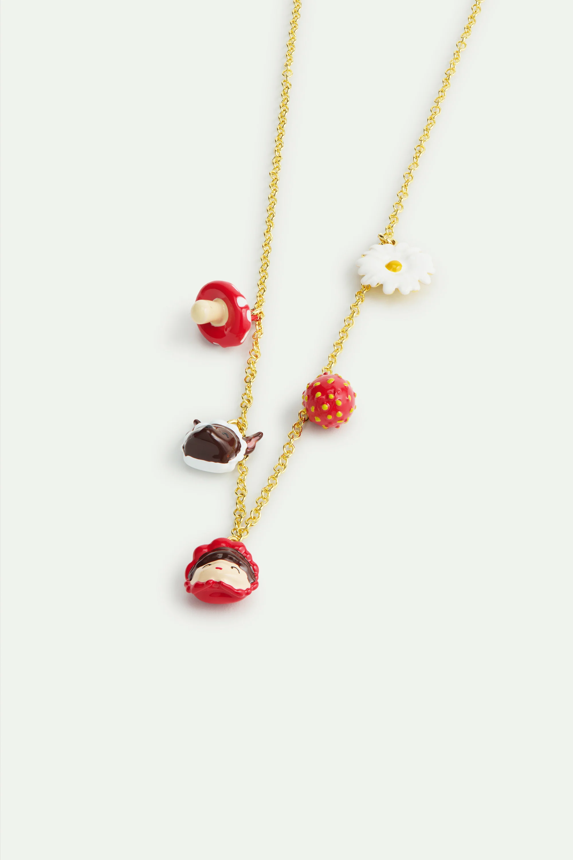 Collier pendentif Le Petit Chaperon rouge, le Loup, champignon, fraise et marguerite - Image 2