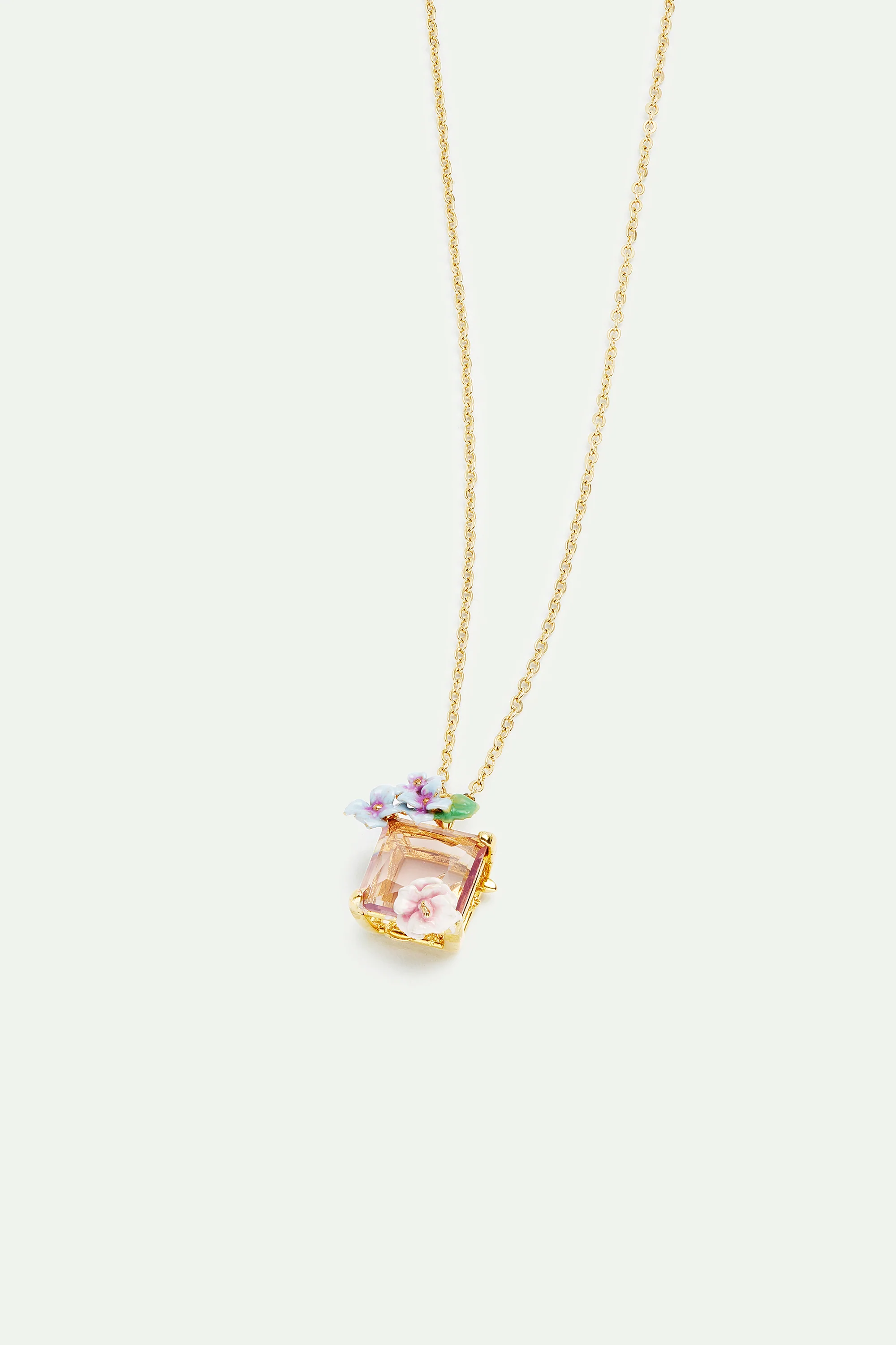 Collier pendentif lézard, pierre taillée rosée et fleurs d'hortensia - Image 3