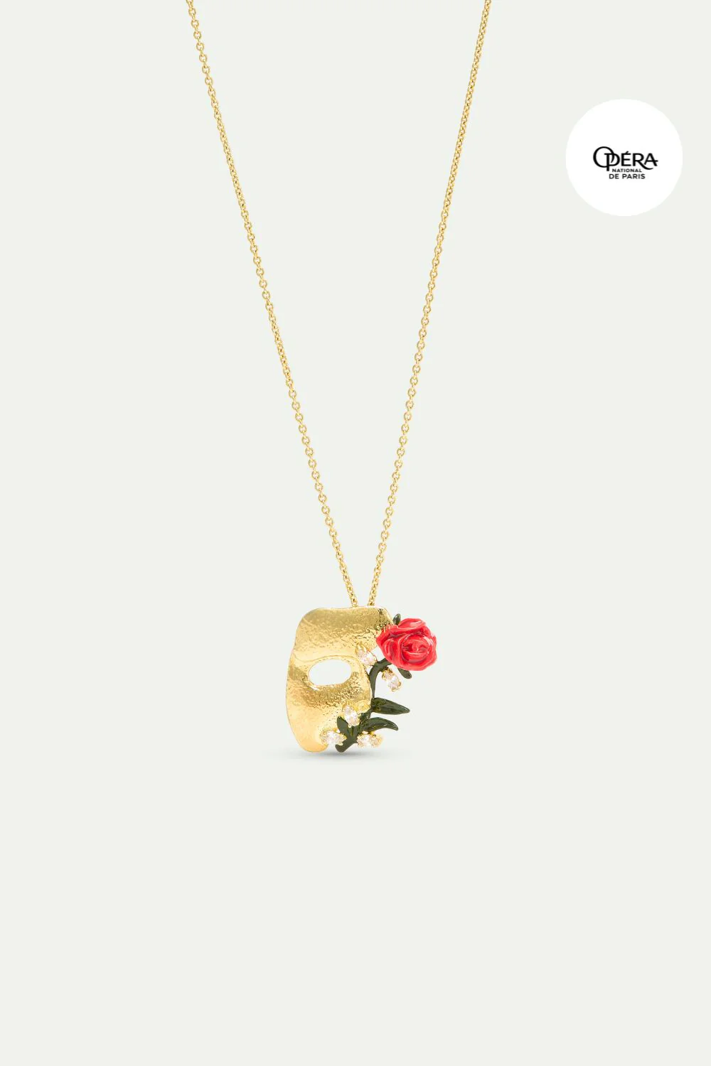 Collier pendentif masque doré, rose et cristaux