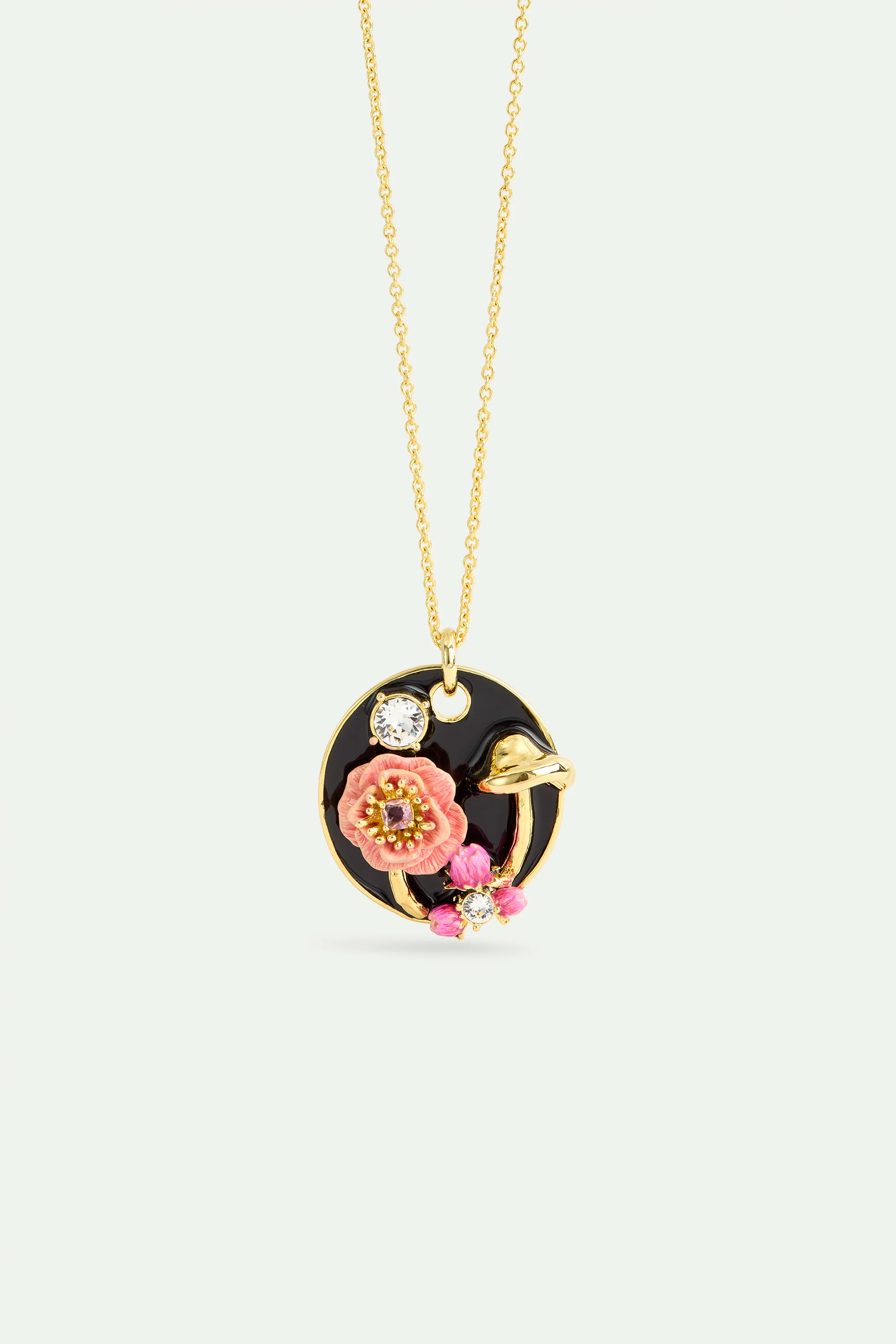 Collier pendentif médaillon noir champignon, anémone et cristaux