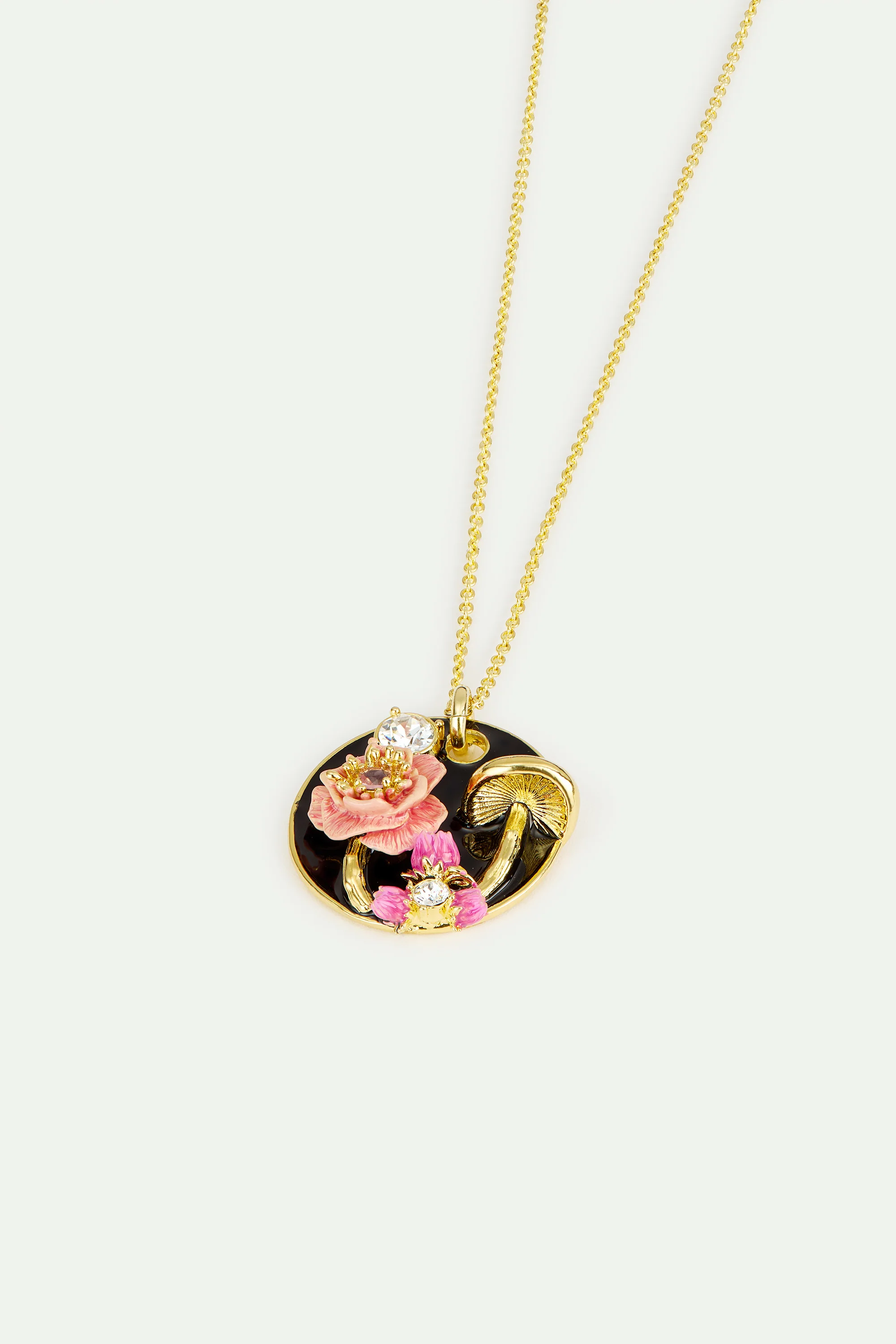 Collier pendentif médaillon noir champignon, anémone et cristaux - Image 3
