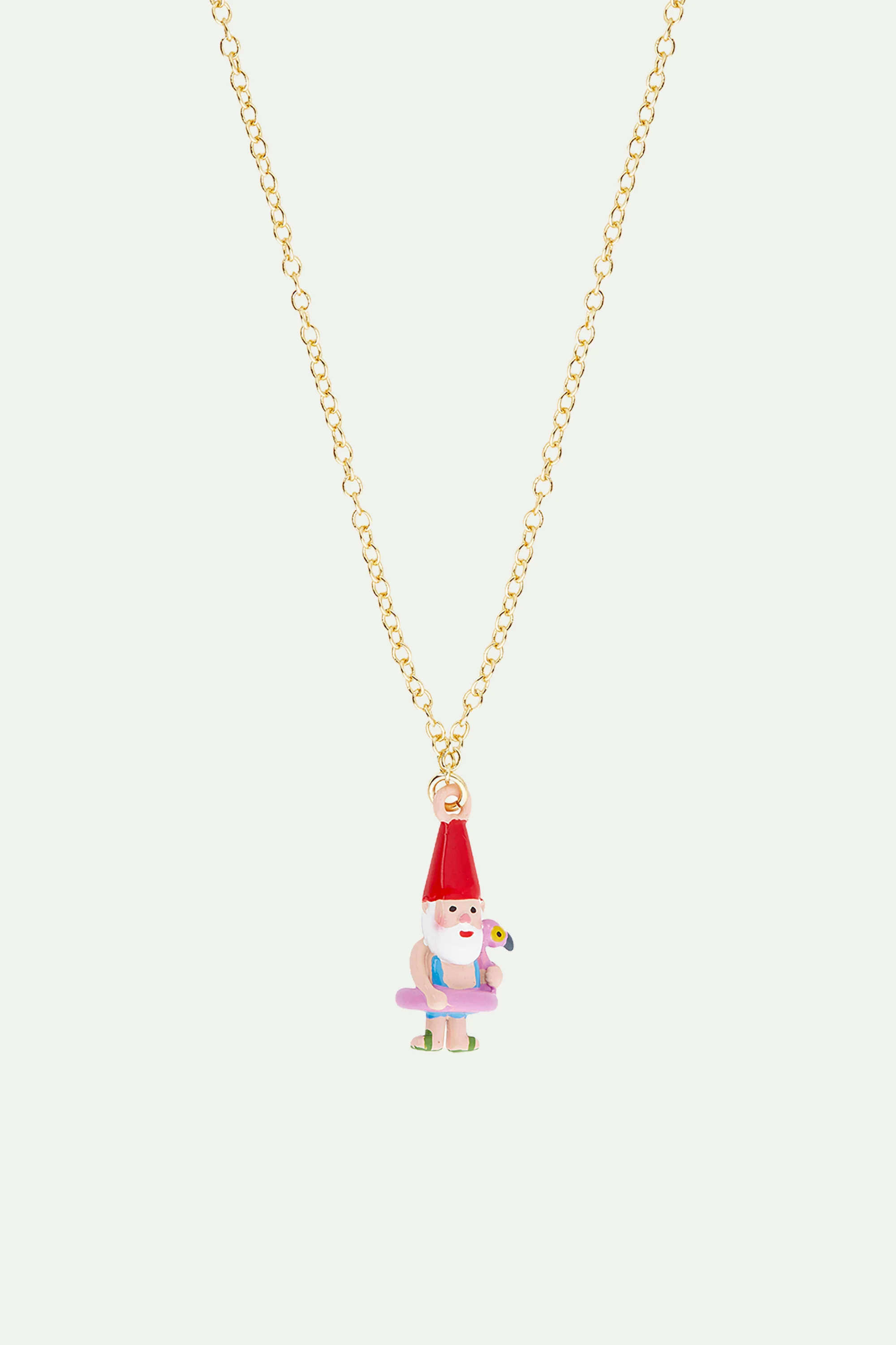 Collier pendentif nain de jardin et bouée flamant rose