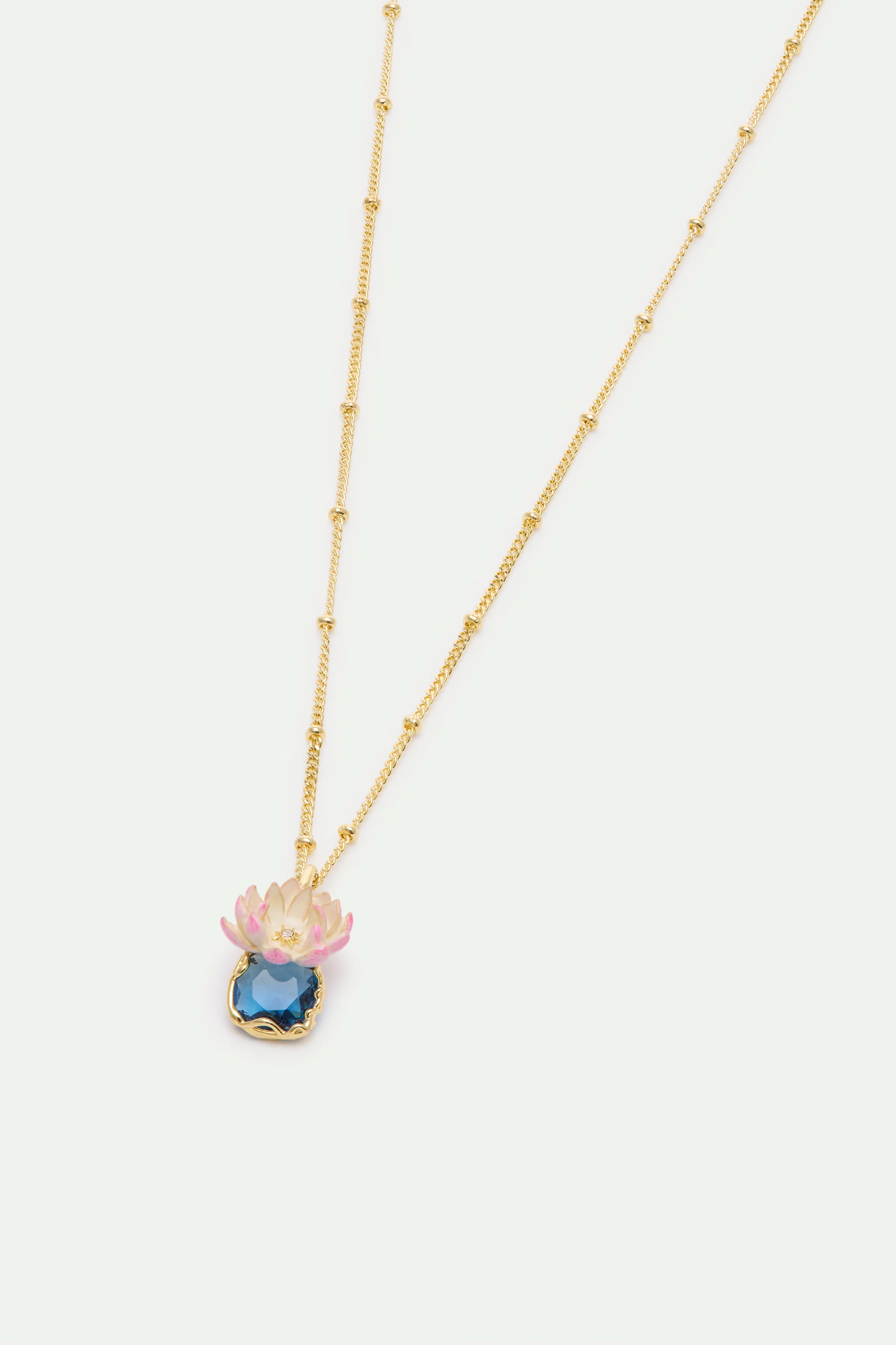 Collier pendentif nymphéa rose et pierre ronde bleue - Image 2