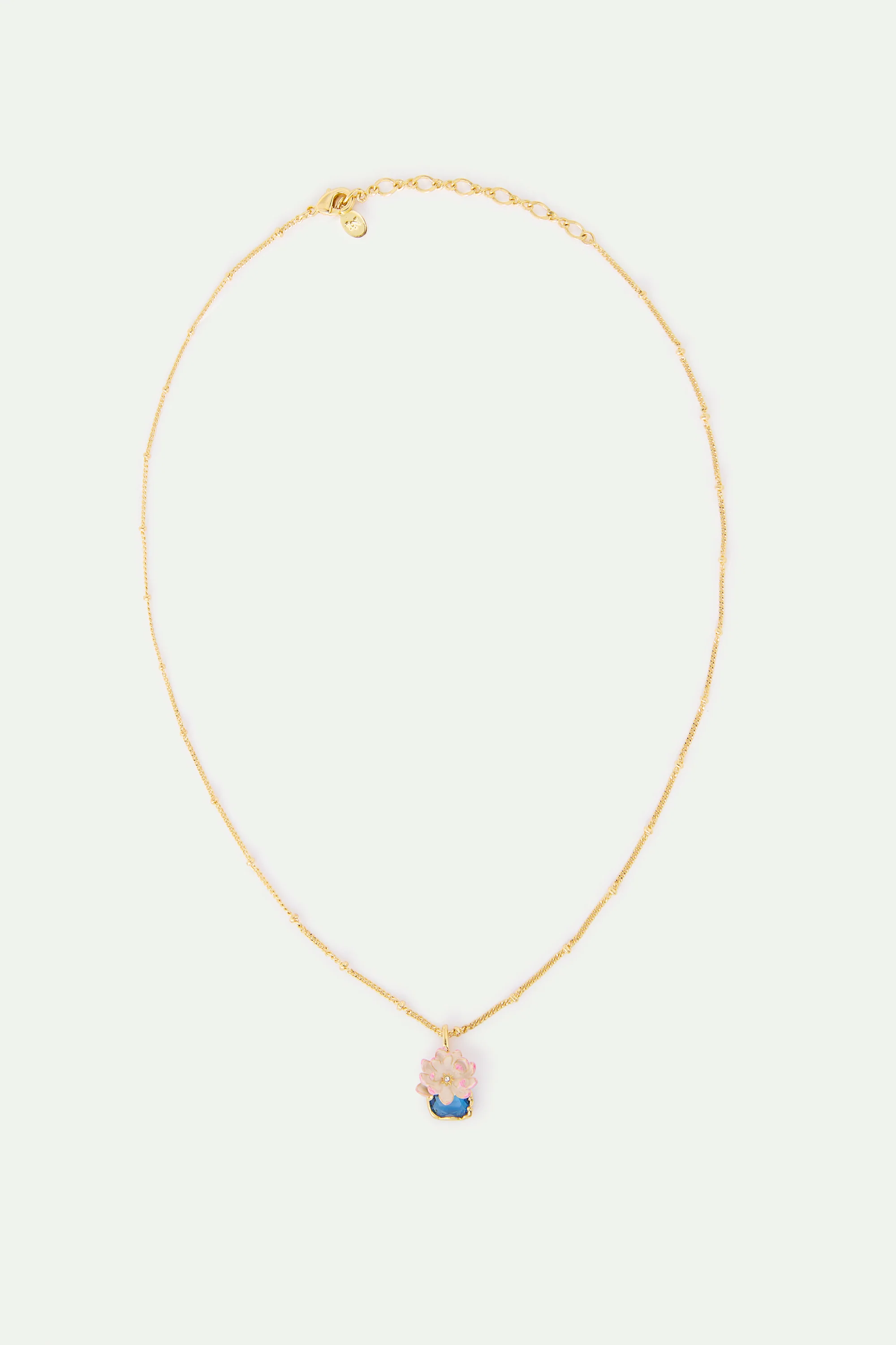 Collier pendentif nymphéa rose et pierre ronde bleue - Image 3