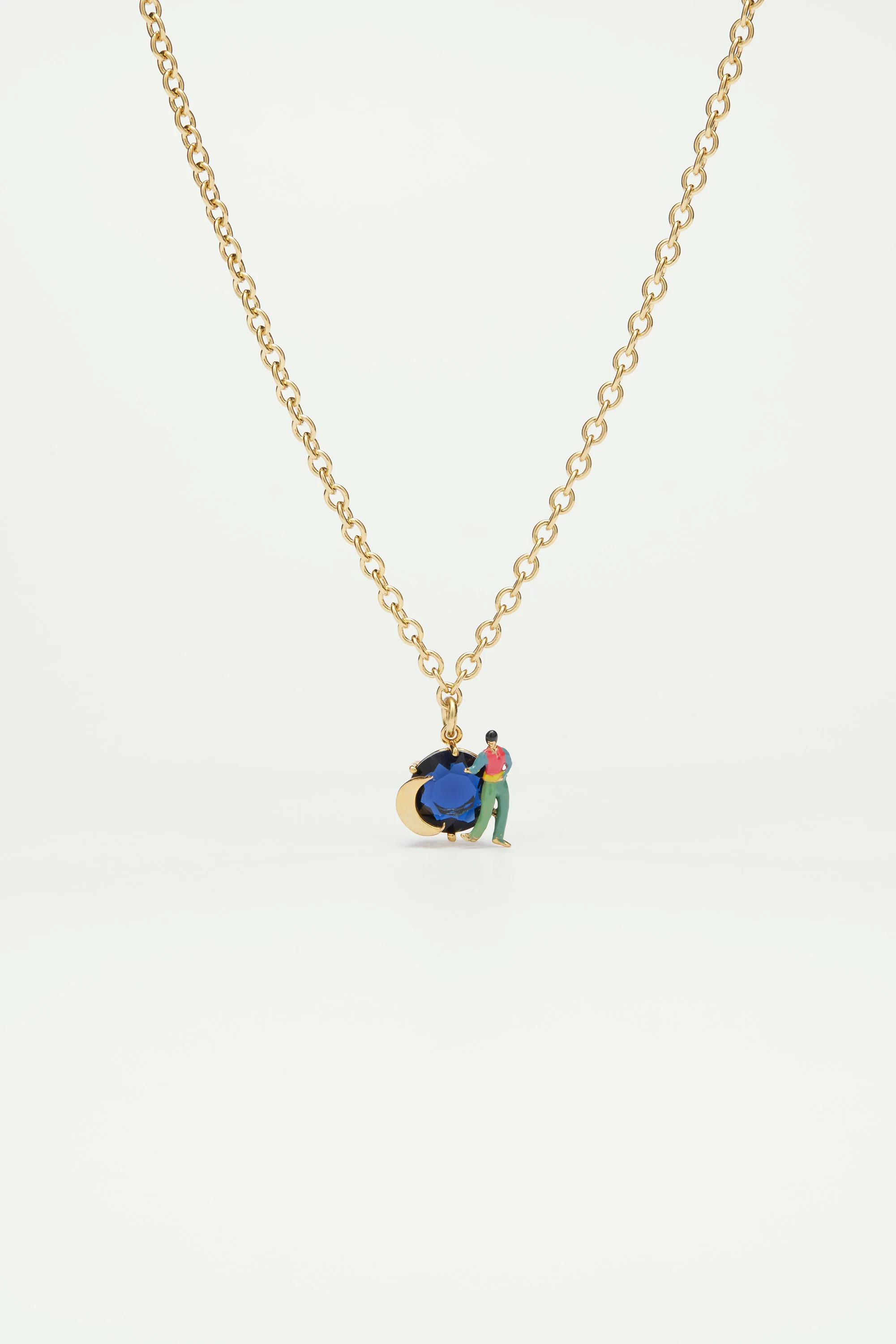 Collier pendentif pierre en verre taillé, lune et personnage