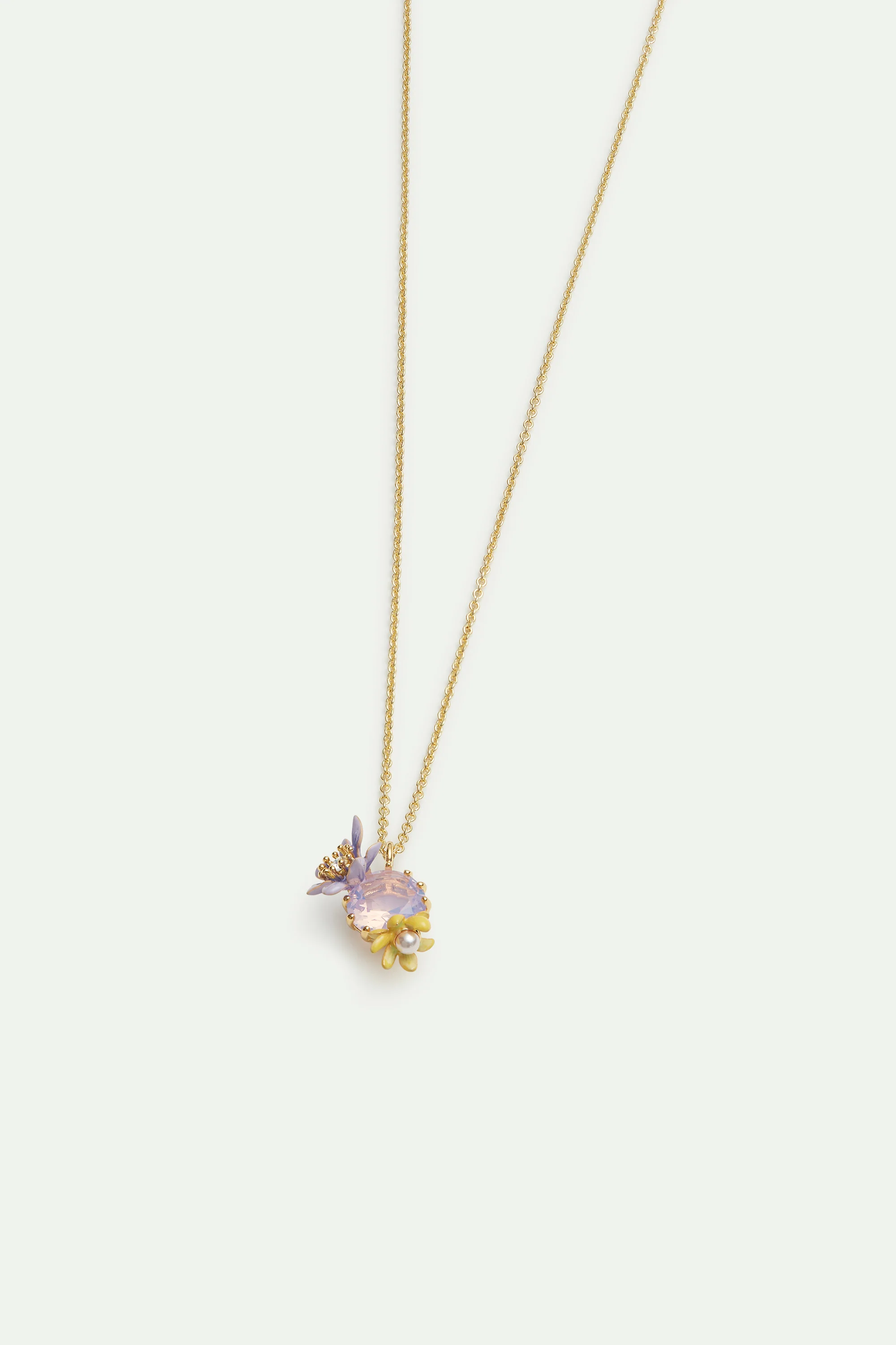 Collier pendentif pierre facettée ronde lavande et fleurs de magnolia - Image 2