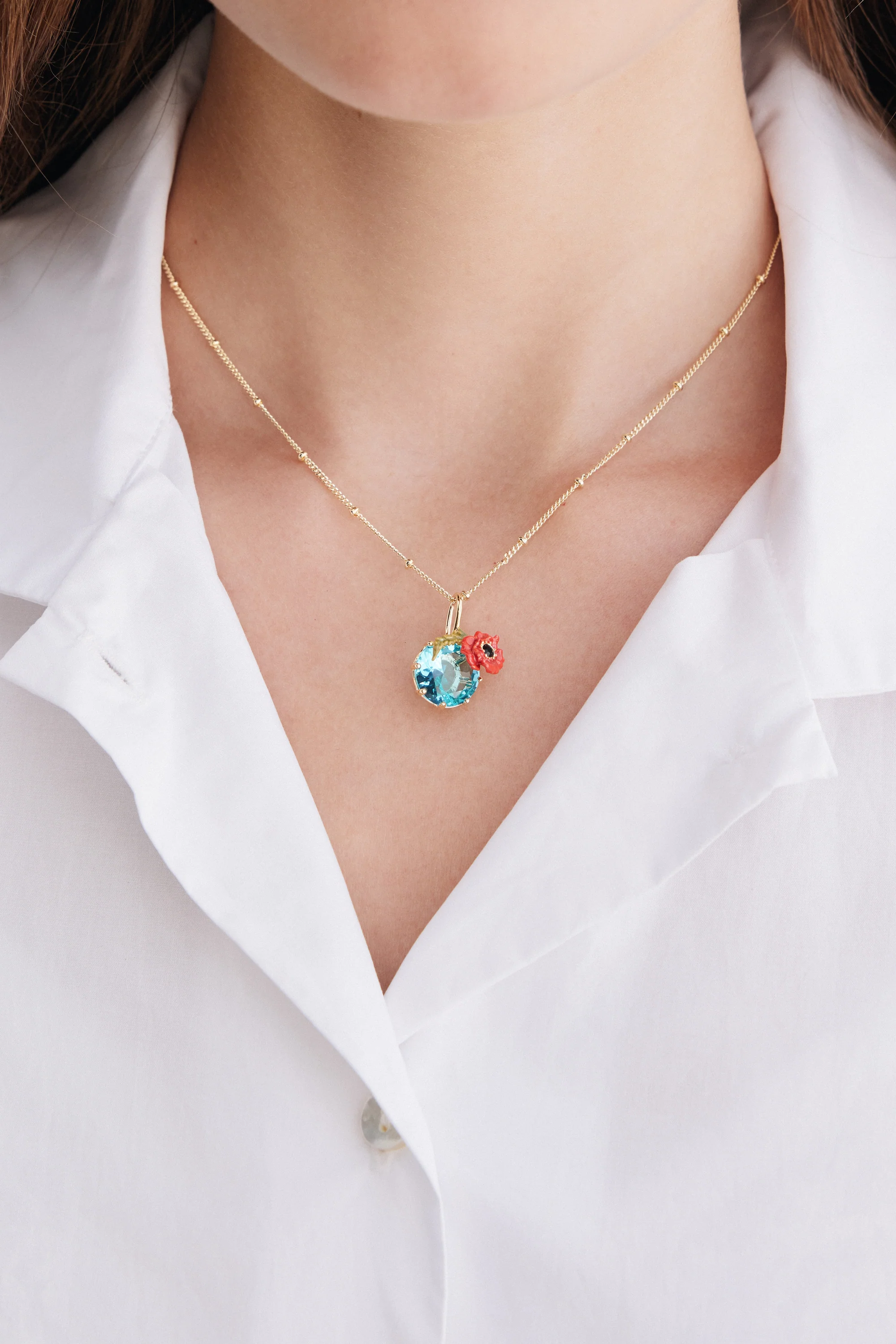 Collier pendentif pierre ronde bleue et coquelicot - Image 4