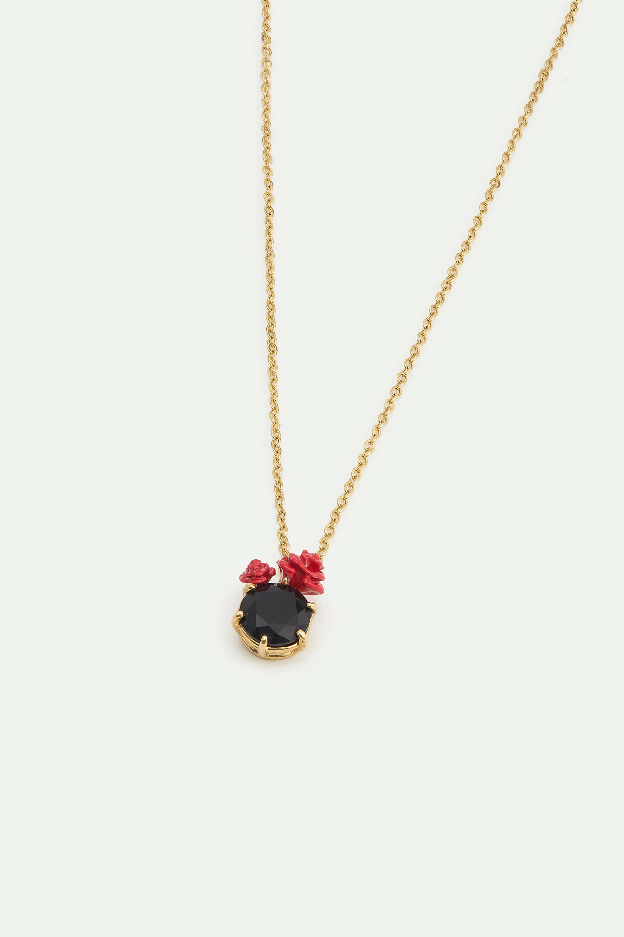 Collier pendentif pierre ronde facettée noire et roses rouges - Image 2