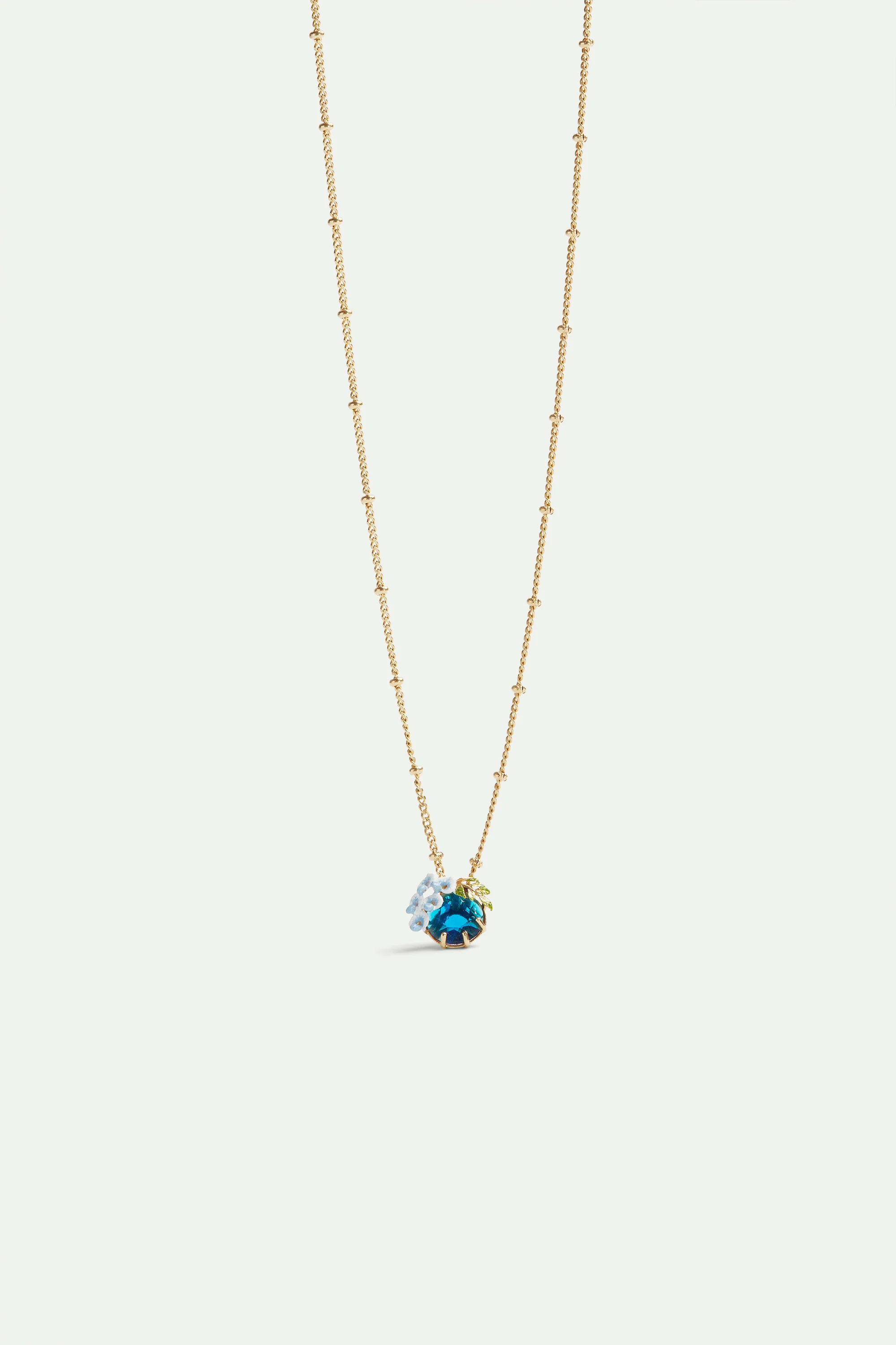 Collier pendentif verre facetté bleu et fleurs de glycine
