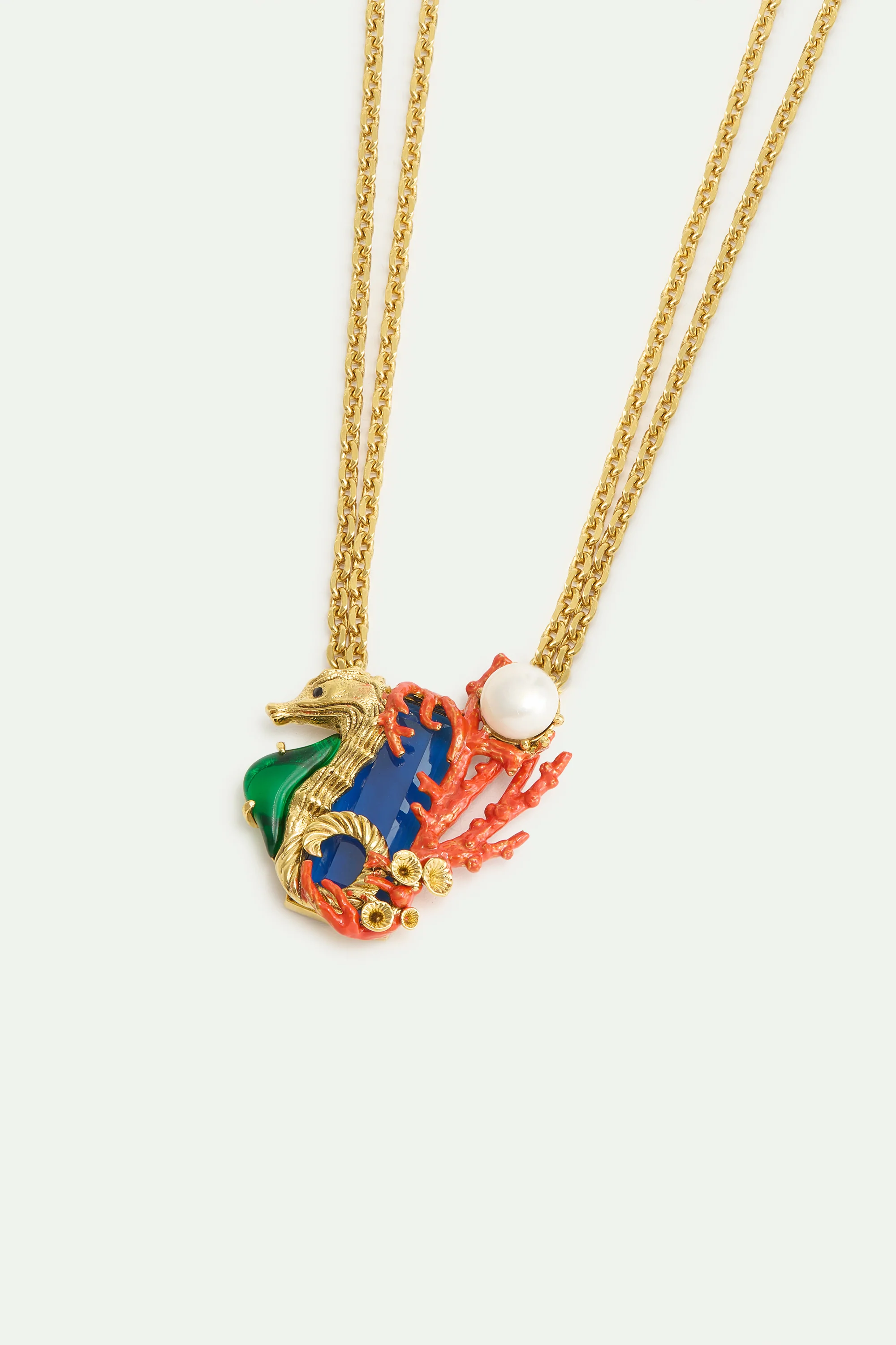 Collier pierre bleu marine et hippocampe vert et doré - Image 3