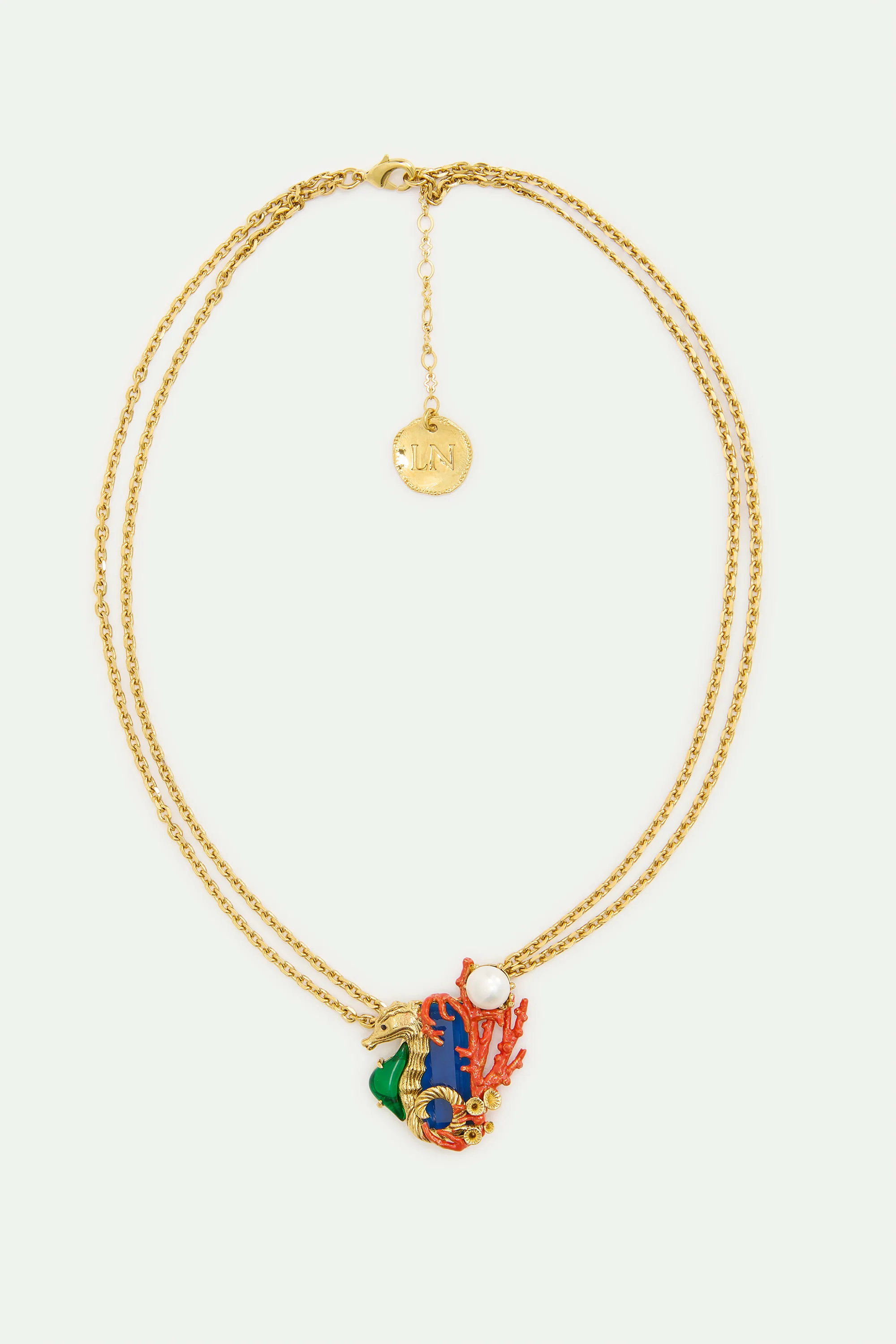 Collier pierre bleu marine et hippocampe vert et doré - Image 4