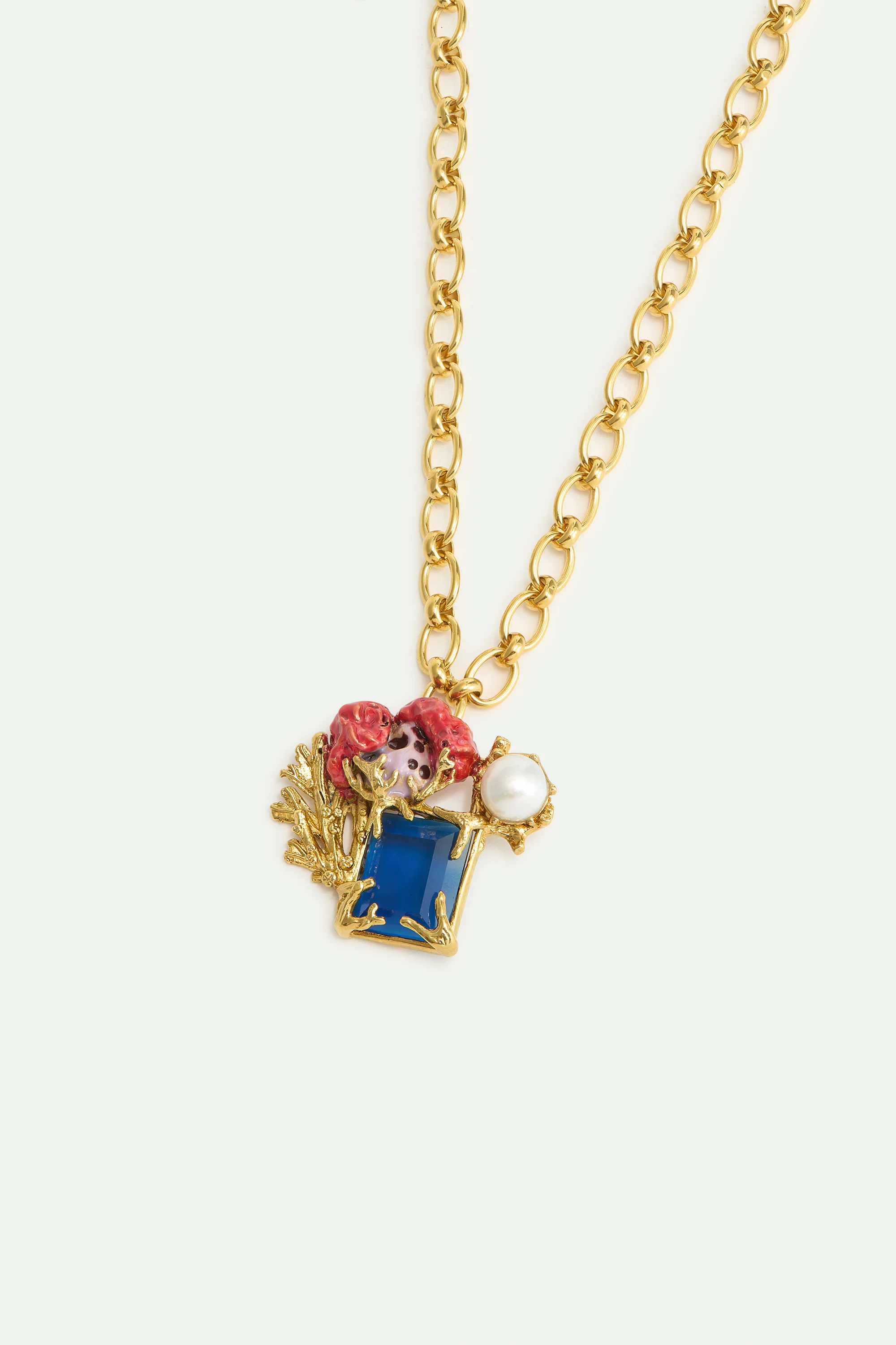 Collier pierre bleue carrée, corail et perle - Image 2