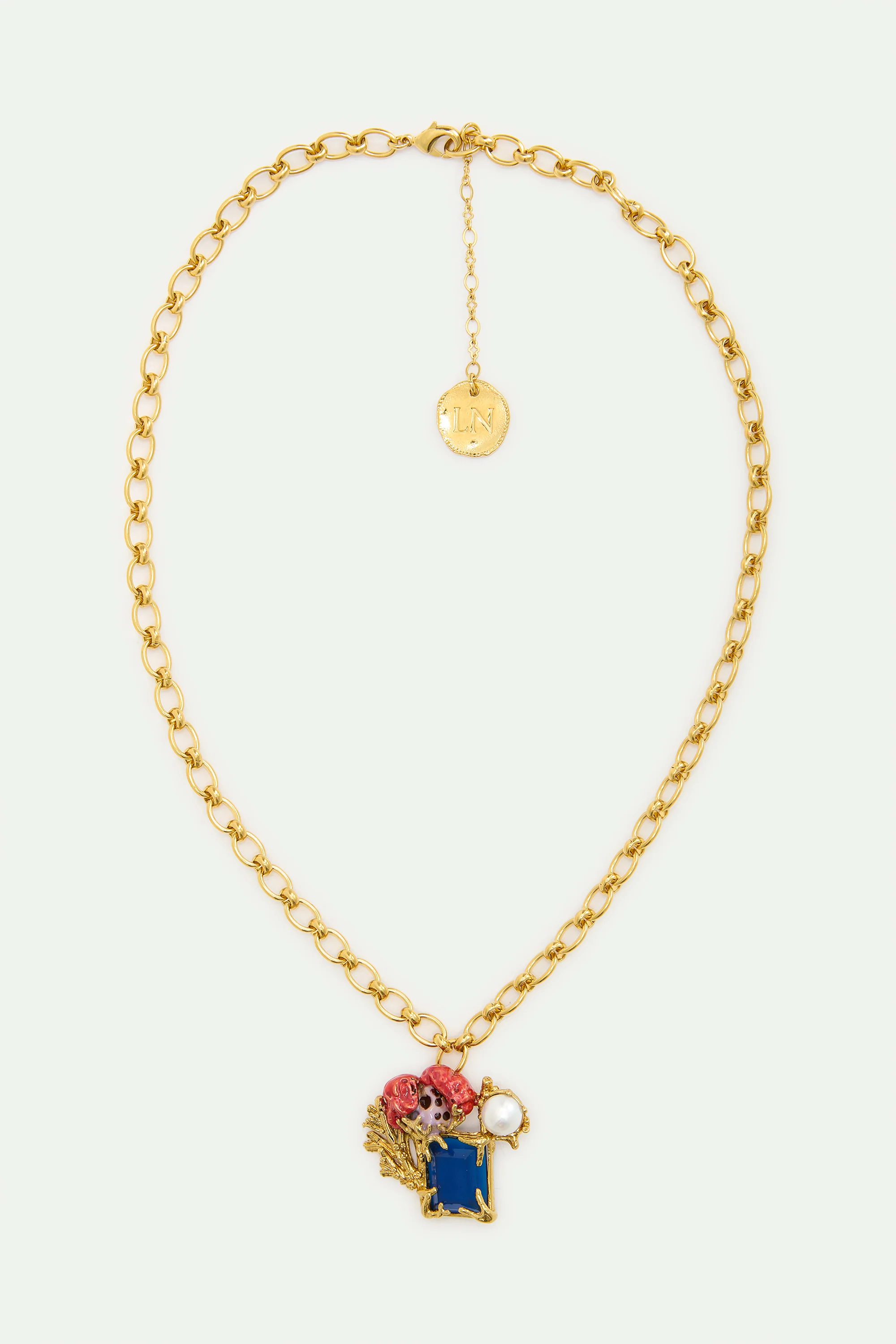 Collier pierre bleue carrée, corail et perle - Image 3
