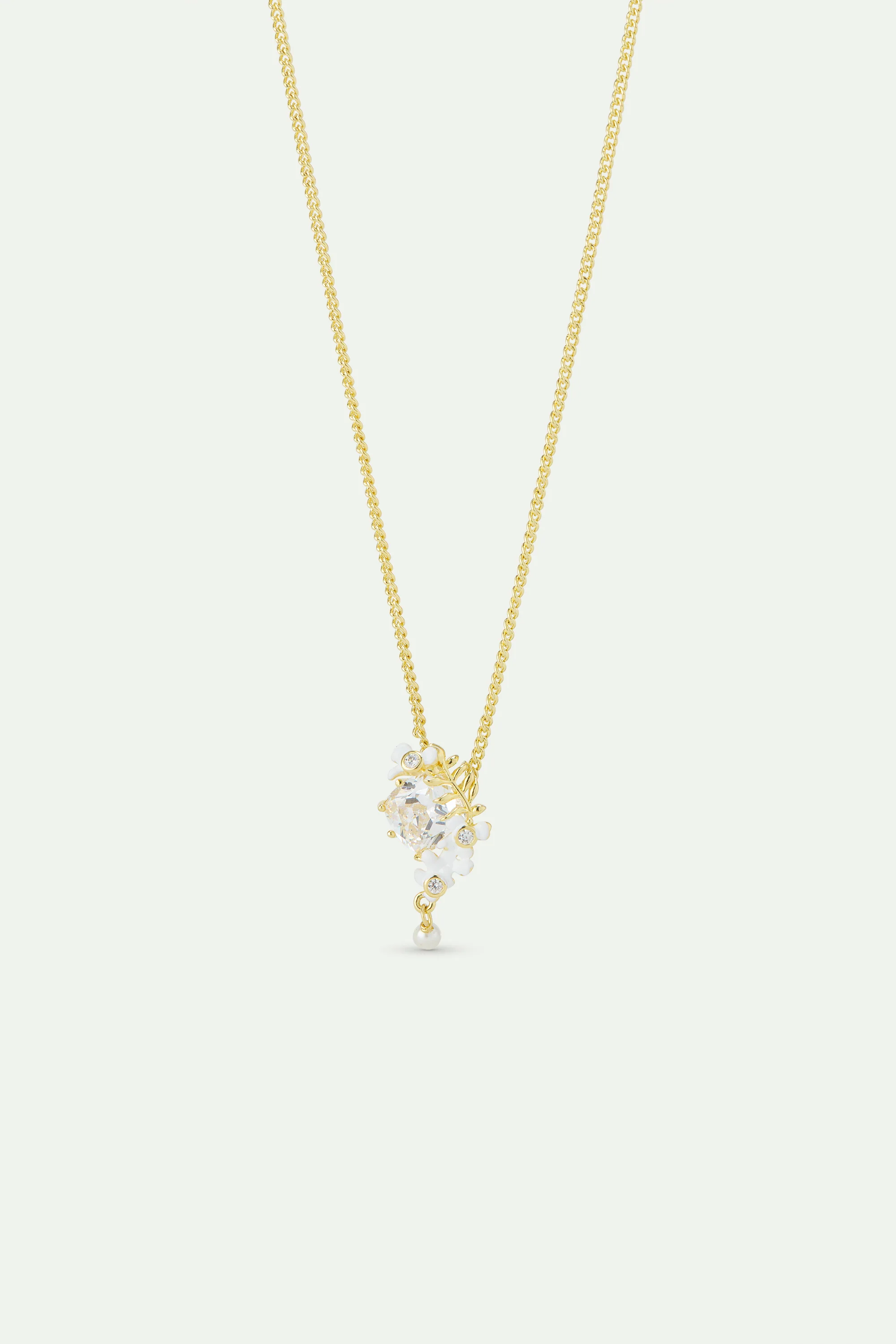 Collier pierre facetté, laurier, glycine blanche et perle de culture