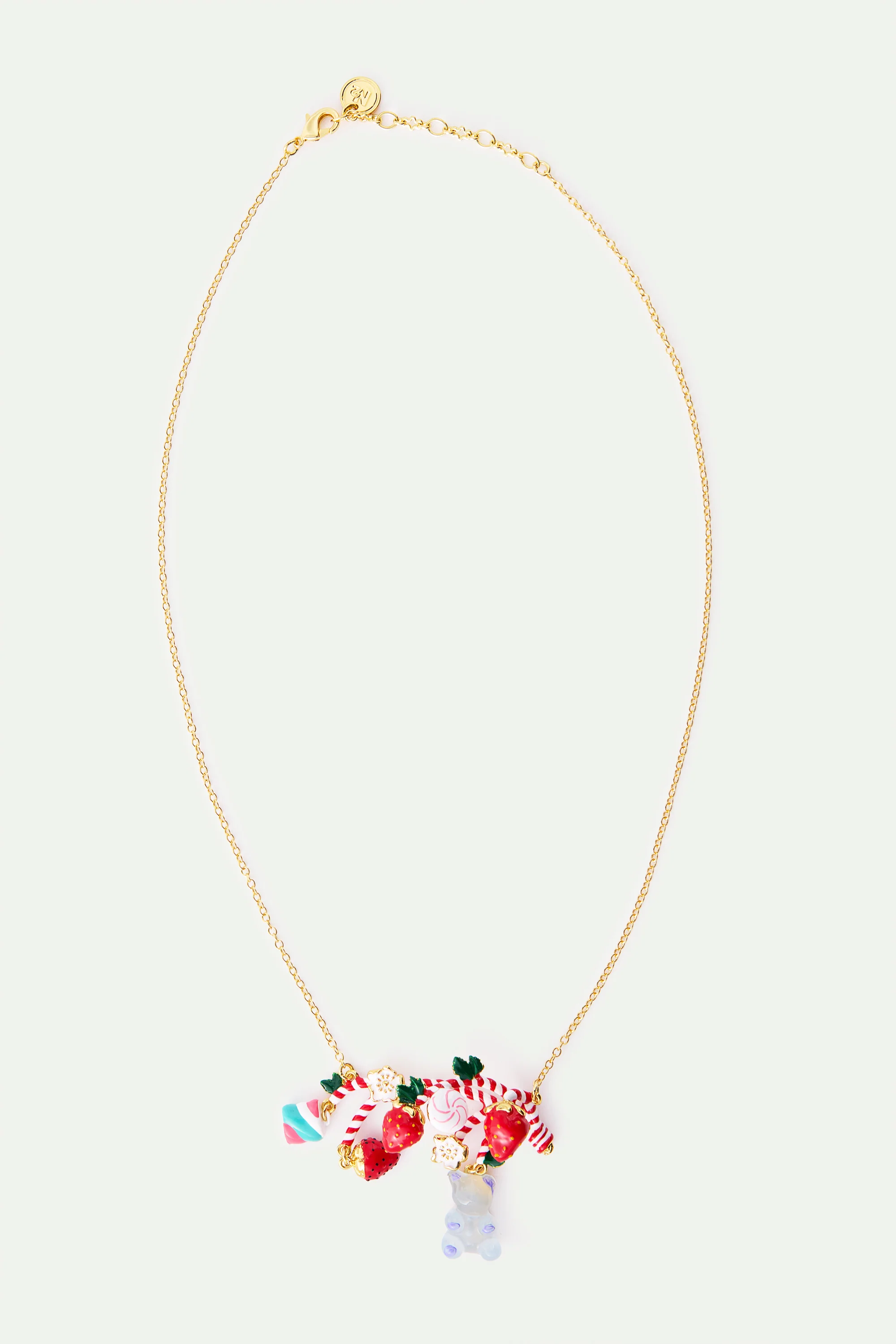 Collier plastron bonbon sucre d'orge, fraises, guimauve, nounours candy bleu et fleurs blanches - Image 3