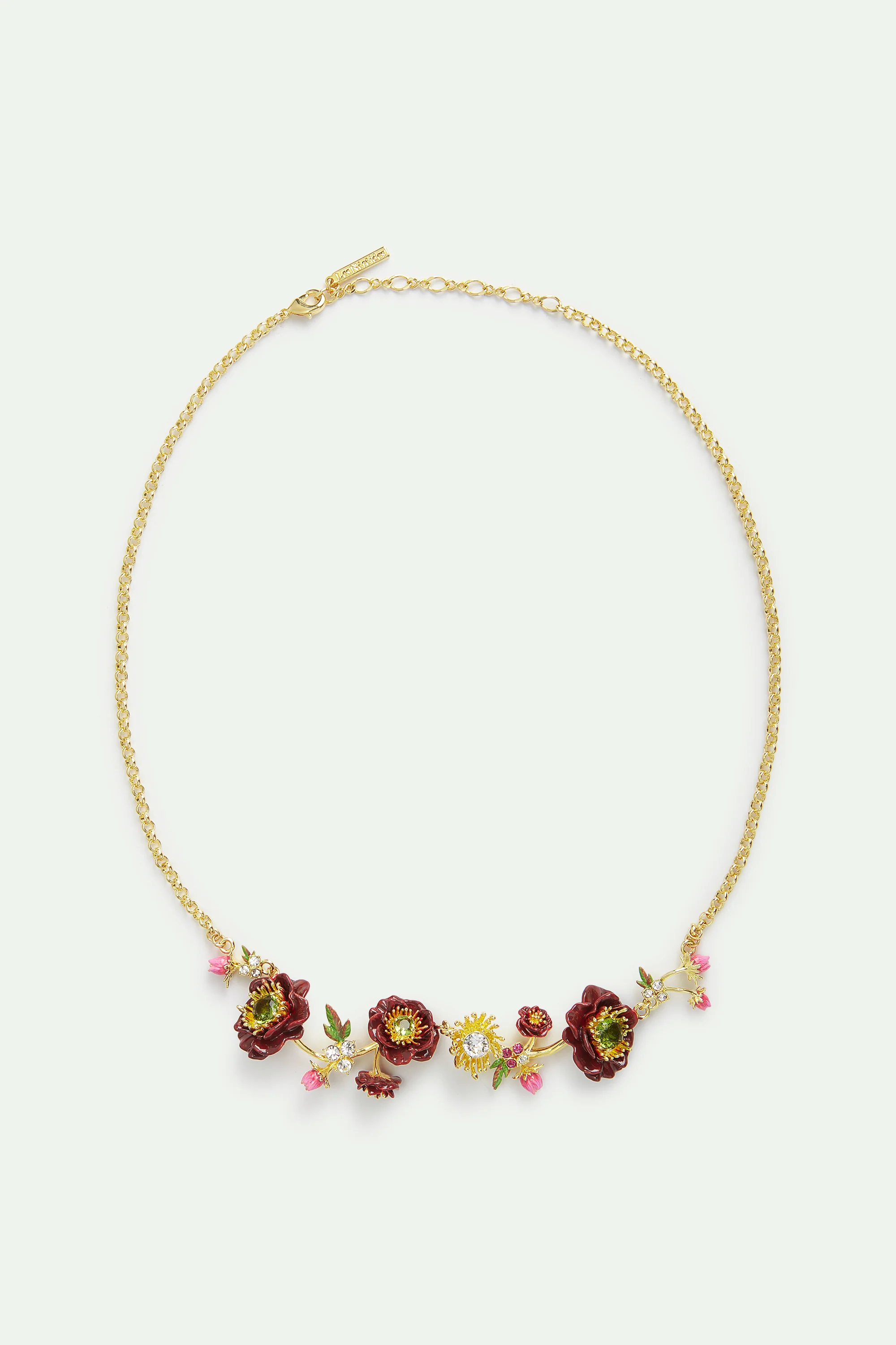 Collier plastron fleurs d'anémone bordeaux, boutons de rose et pierres facettées vertes - Image 4
