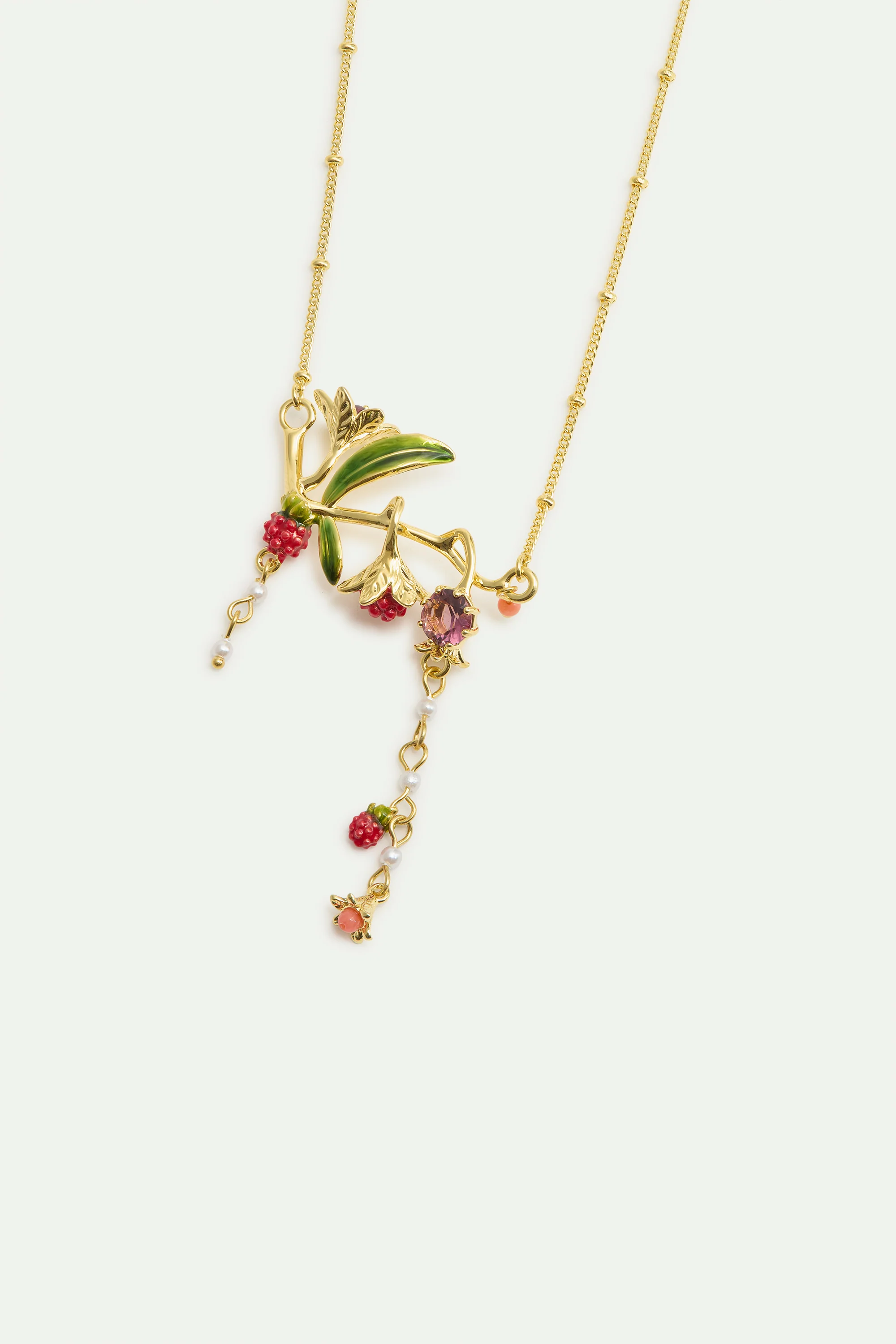 Collier plastron fleurs, framboises, pierre rose et perles - Image 3