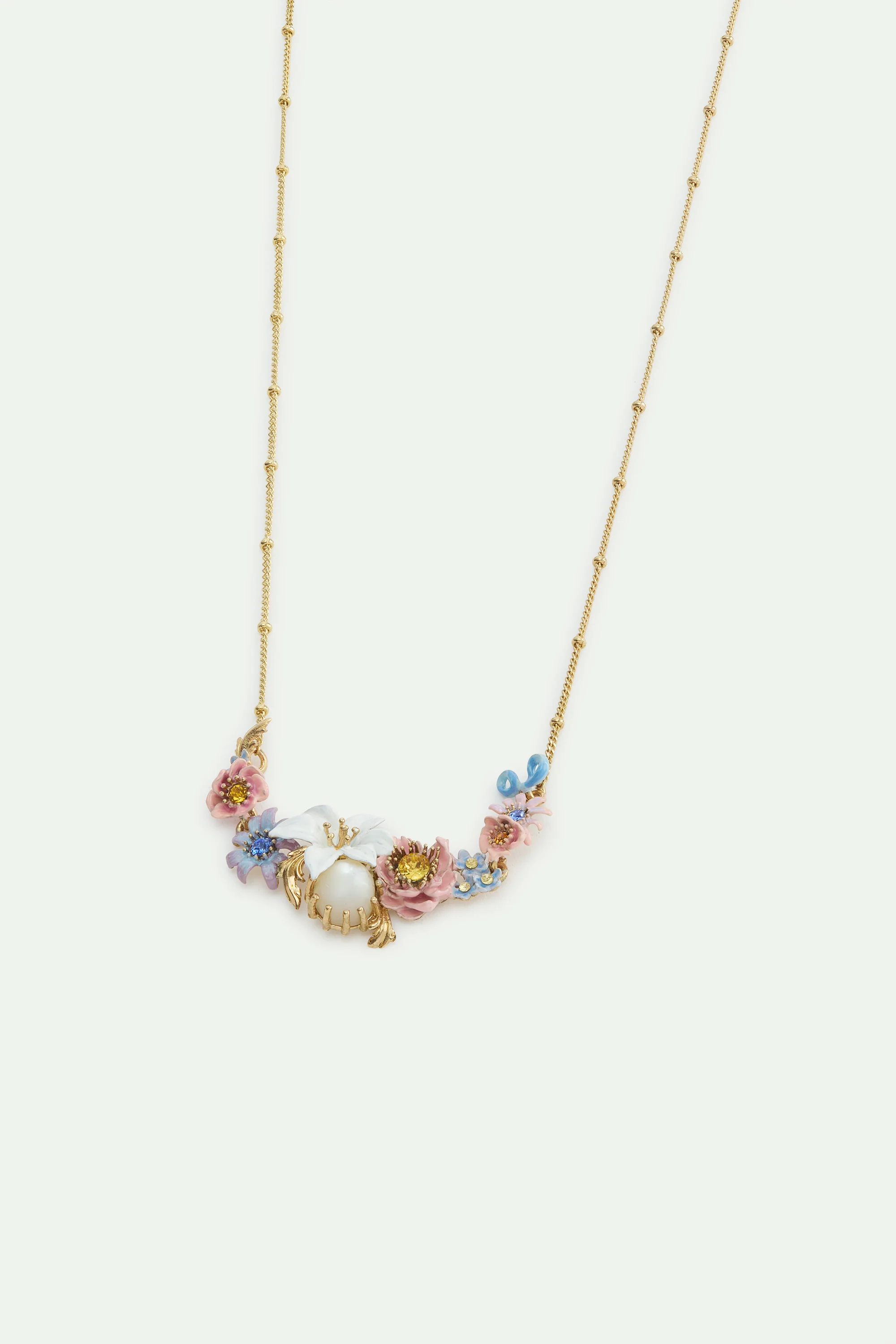 Collier plastron fleurs roses et bleues, fleur de lys et pierre ronde nacrée - Image 3