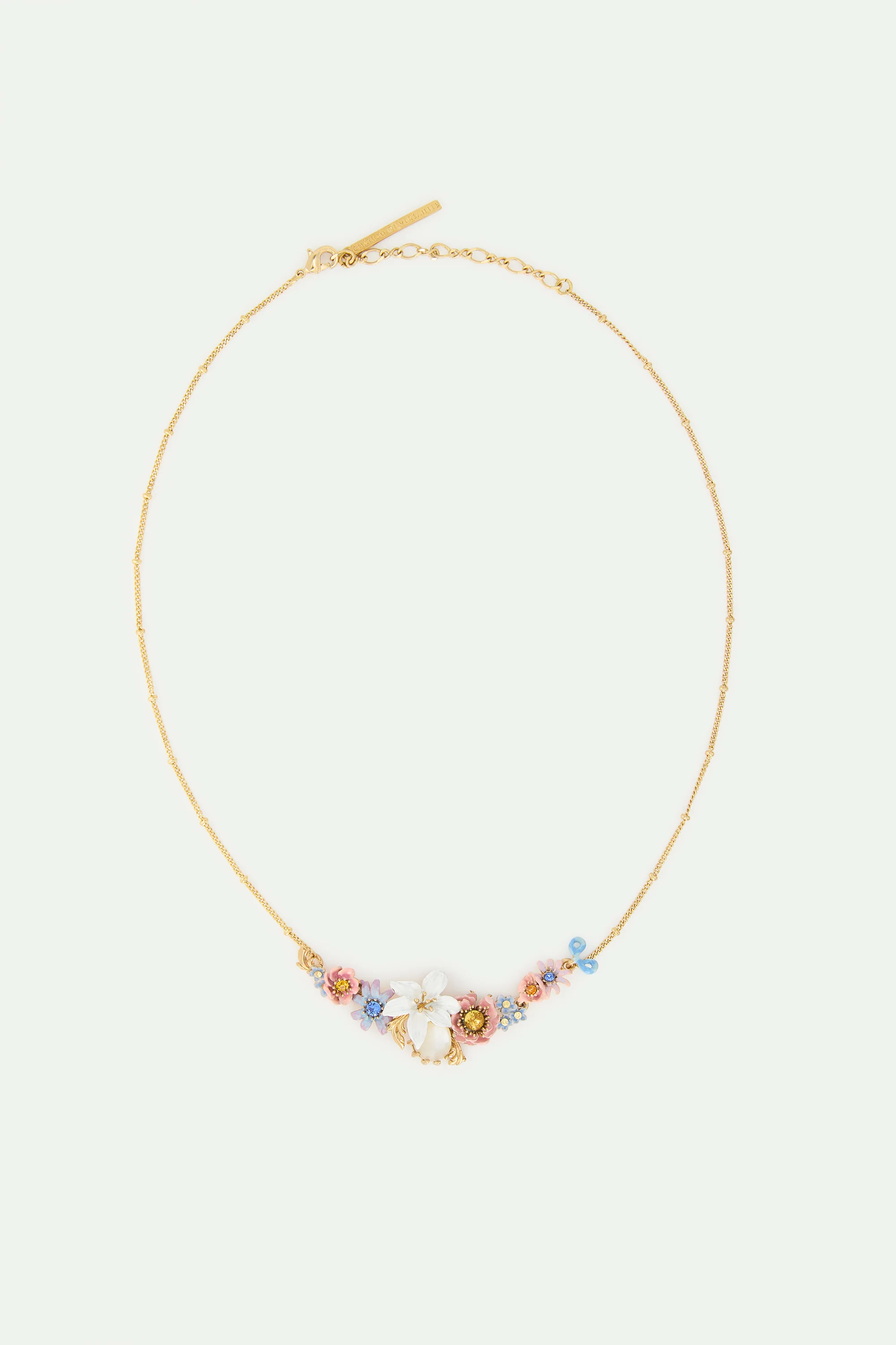 Collier plastron fleurs roses et bleues, fleur de lys et pierre ronde nacrée - Image 4