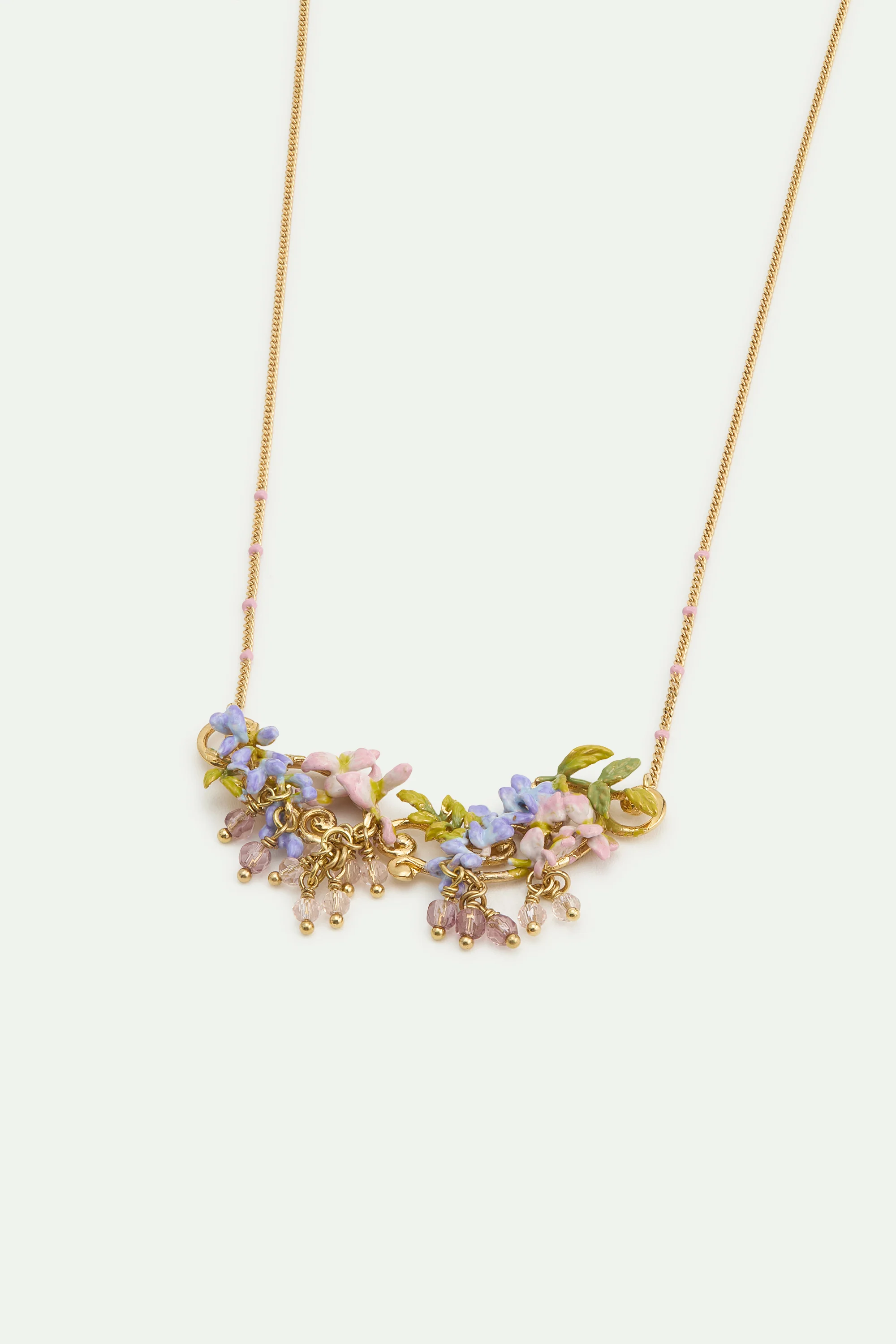 Collier plastron glycine rose et violette sur arabesque dorée et perles de cristal - Image 3