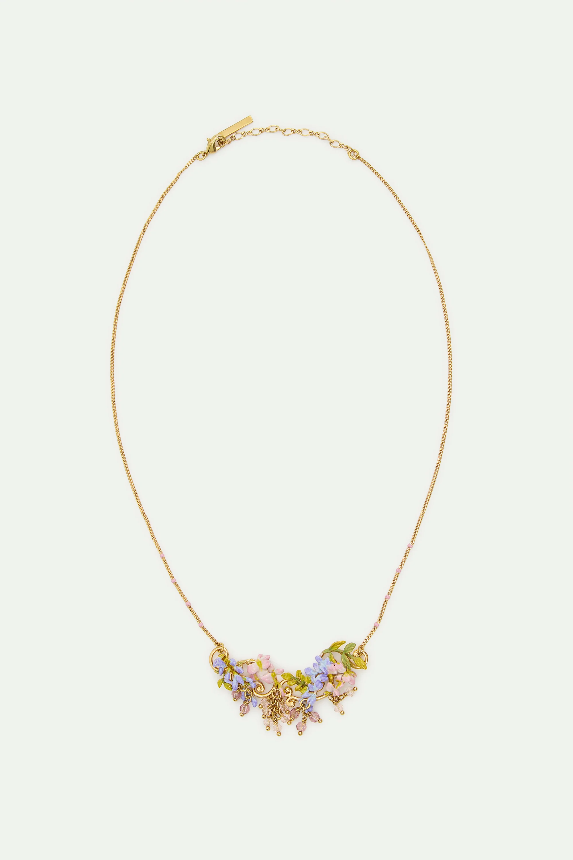 Collier plastron glycine rose et violette sur arabesque dorée et perles de cristal - Image 4