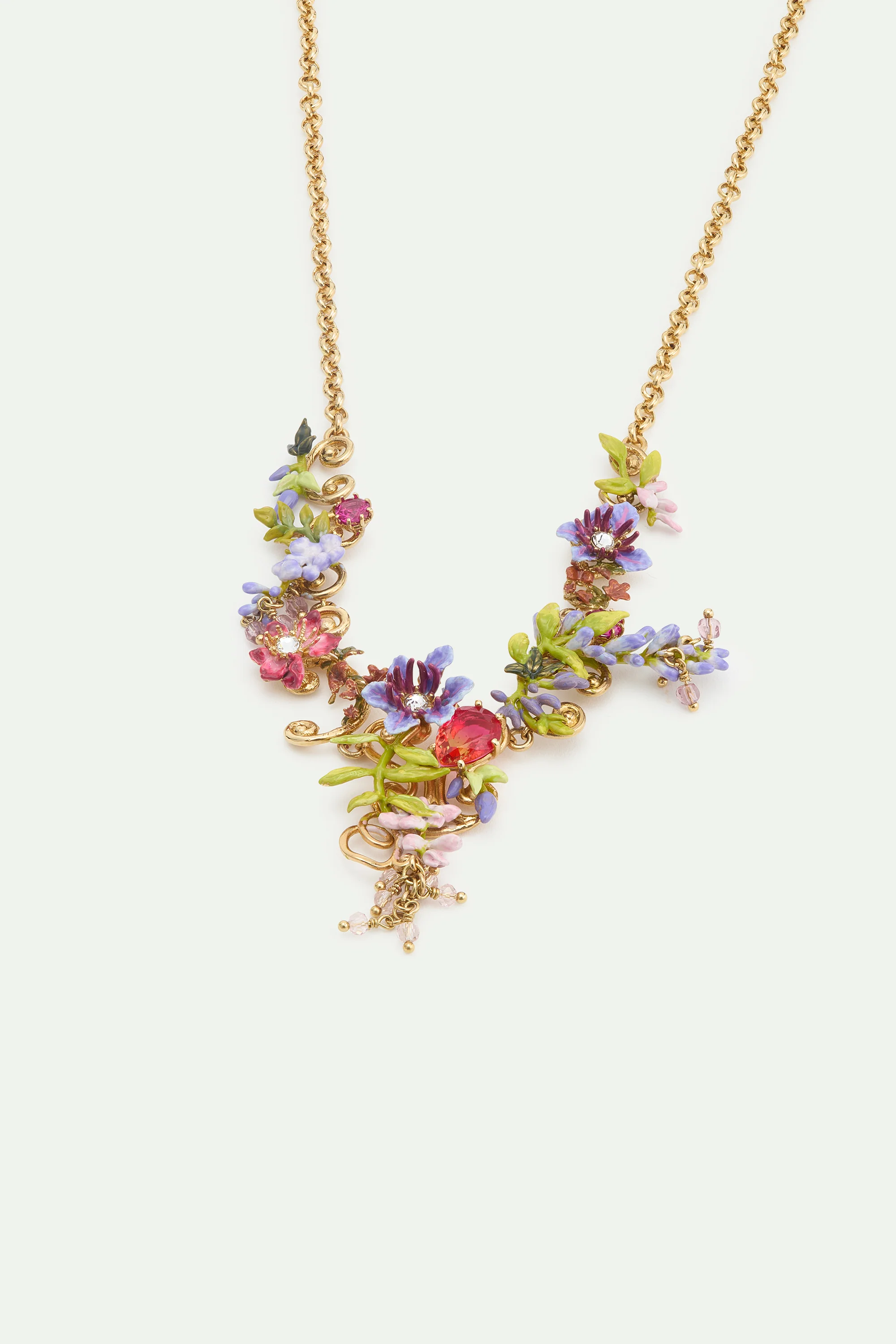 Collier plastron pierre rose, cristaux, fleurs et glycine sur arabesque dorée - Image 4