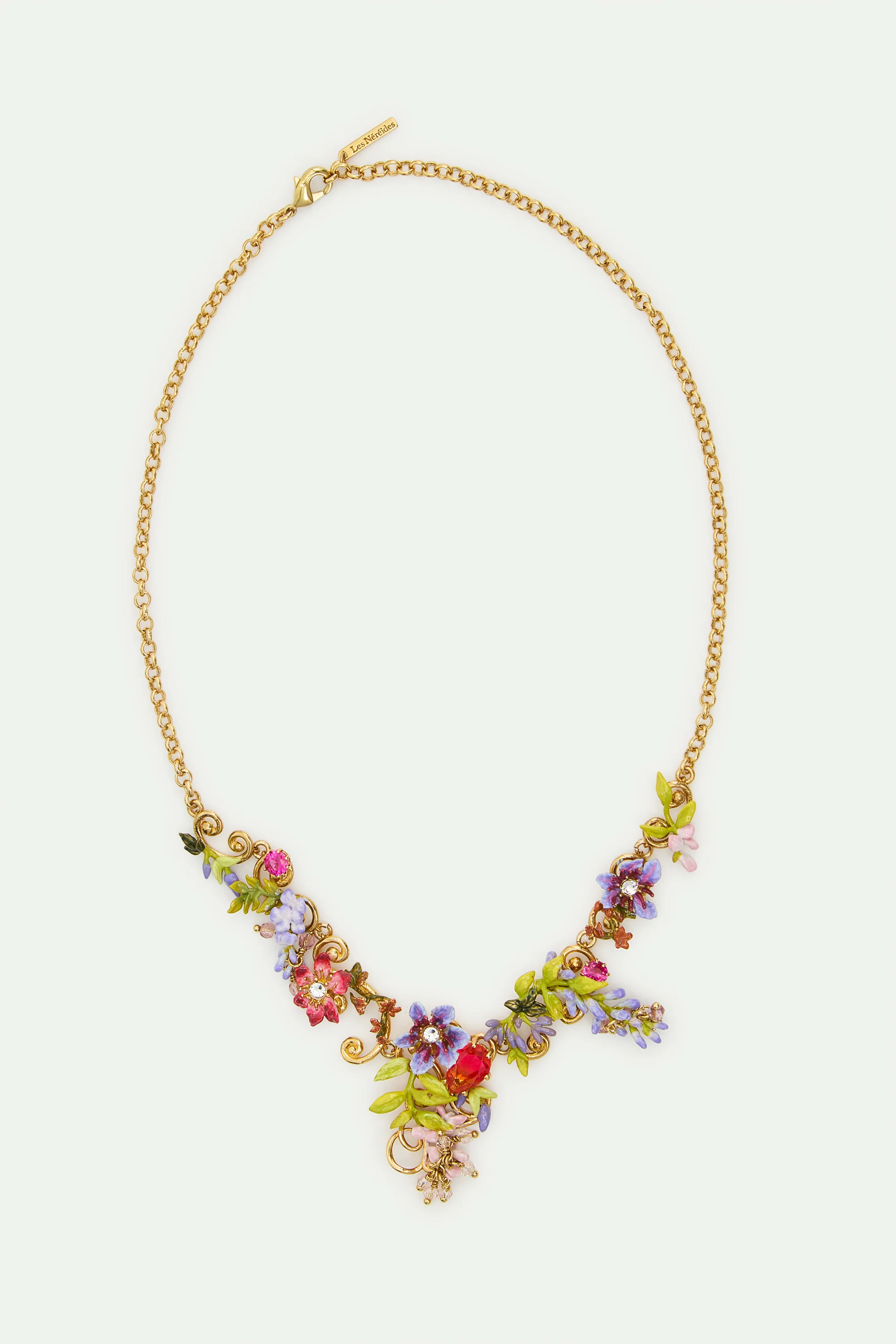 Collier plastron pierre rose, cristaux, fleurs et glycine sur arabesque dorée - Image 5